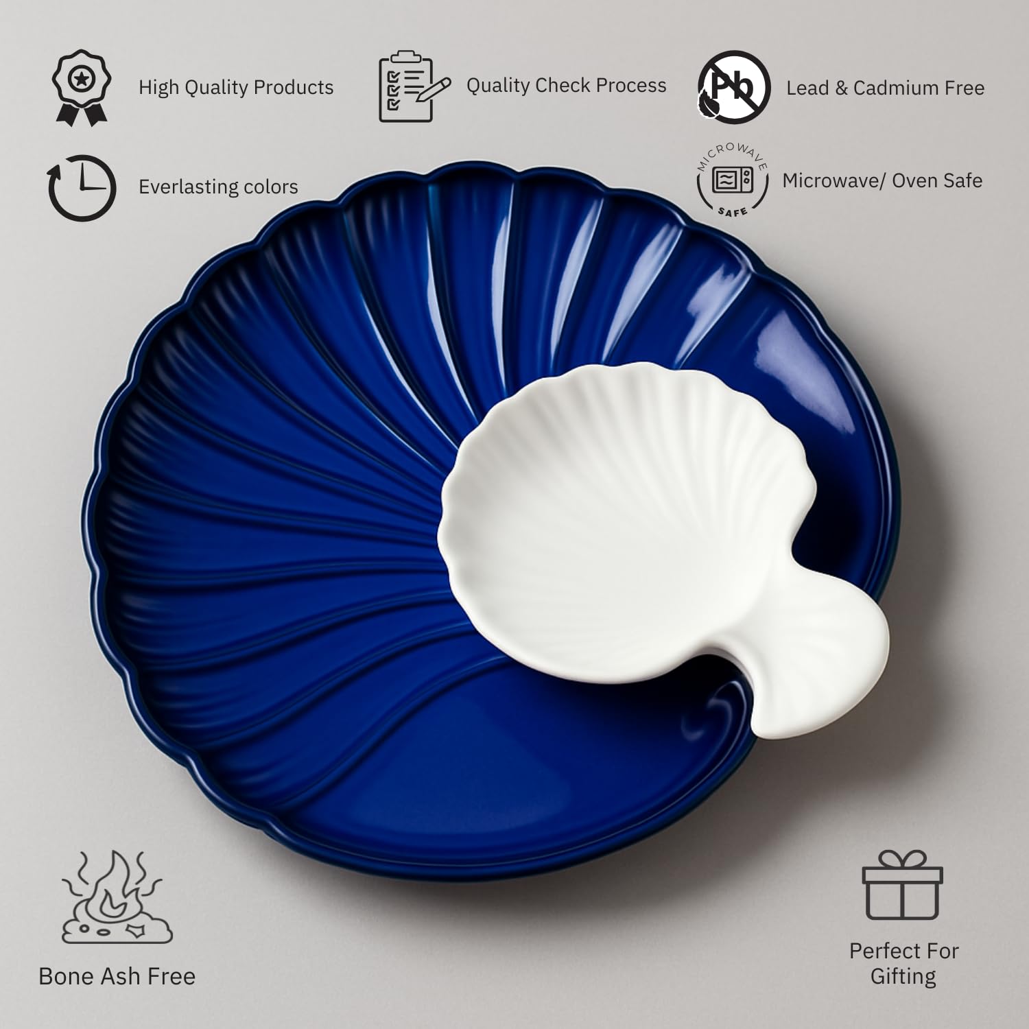 IZZYLYF ‘Blue Sea Shell’ Ceramic Platter with Dip Dish Bowl - 28 cm (Set of 1) | Serving Platter Tray for Snacks, Starters, Fruits, Salads & Appetizers | Microwave & Dishwasher Safe Platters for Home 3