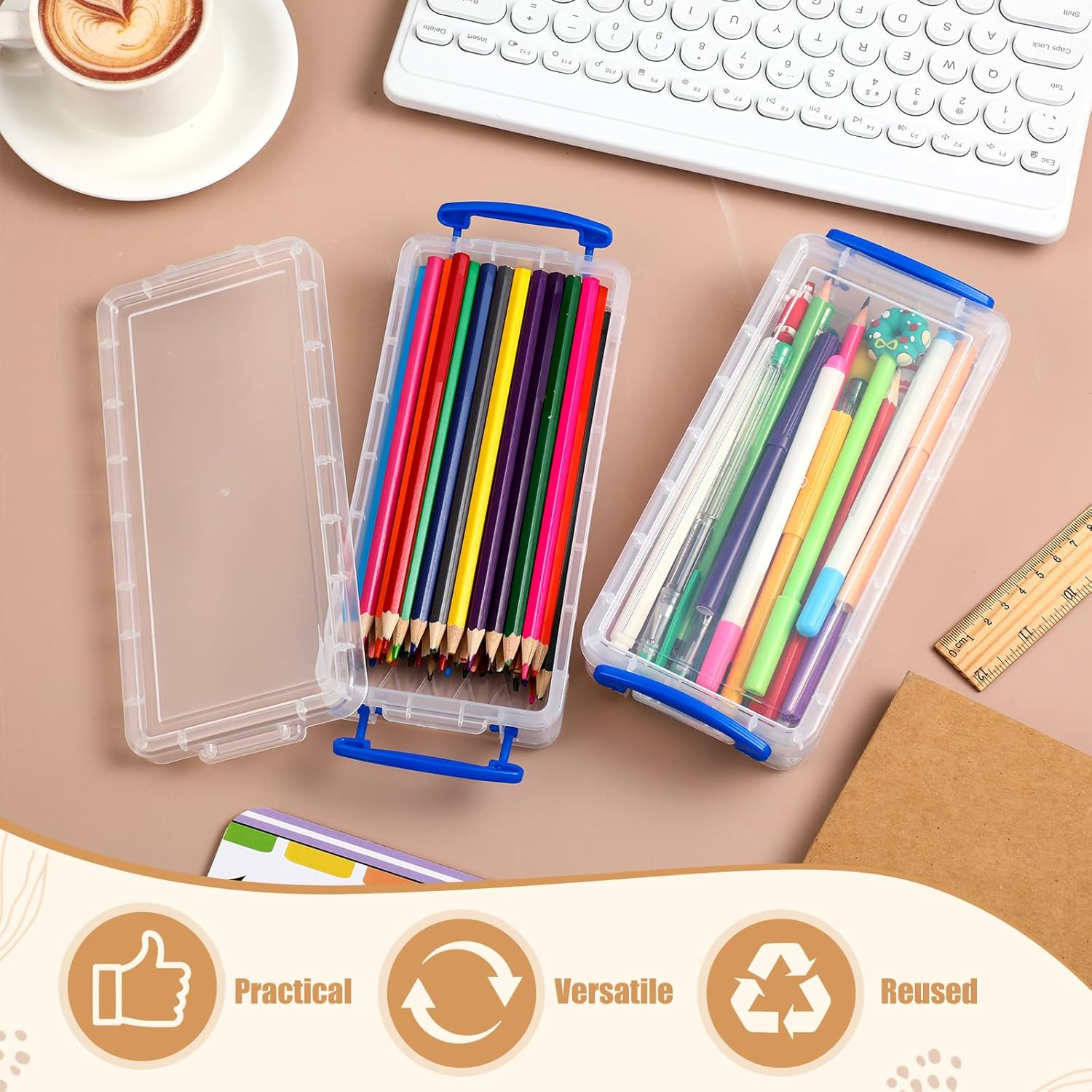 Gueevin 24 Pcs Large Capacity Plastic Pencil Box Clear Plastic Pencil Case Crayon Box with Snap Tight Lid Watercolor Pen Storage Brush Organizer Drawing Tools Container (Blue)