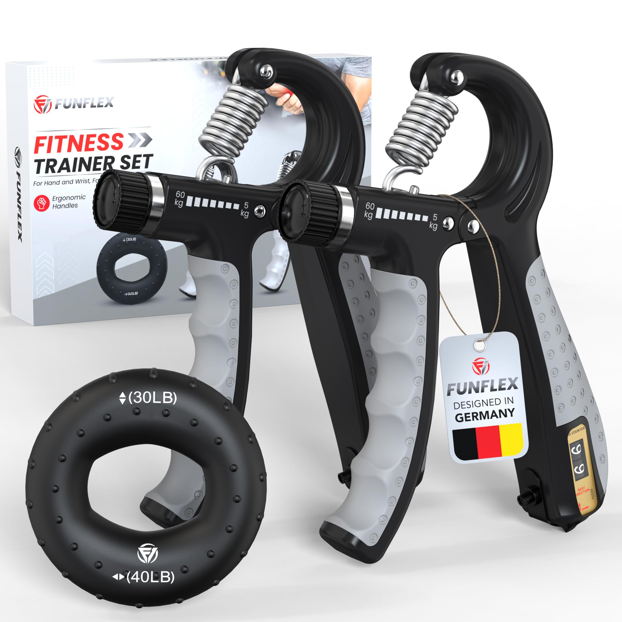 FUNFLEX Grip Trainer – Renforcez Vos Mains Et Avant-bras, Résistance Réglable 5–60 Kg Avec Compteur