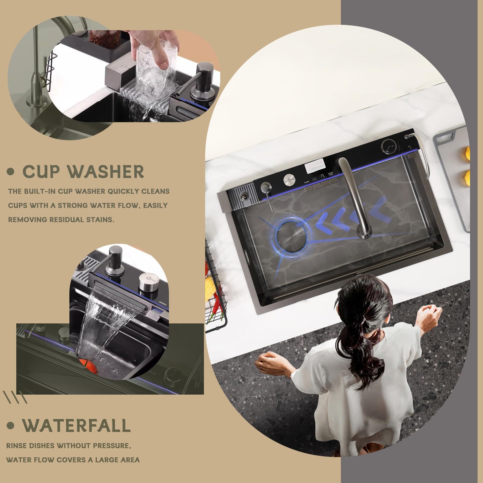 HZKSINNK 75 x 45 cm, lavello da cucina con due cascate, 1 vasca, nero, multifunzione, in acciaio inox, con rubinetti estraibili, lavavetri e set di scarico