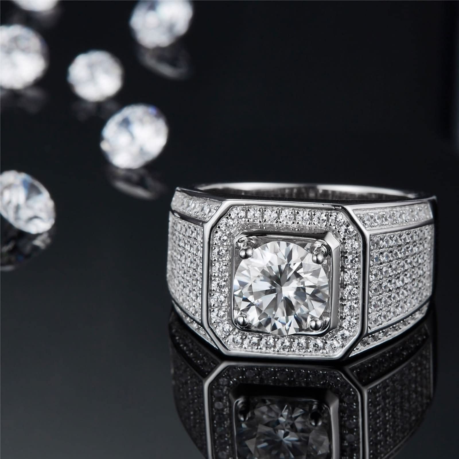 Anello di fidanzamento da uomo, accessori da uomo, in argento sterling con pietra completamente goduta