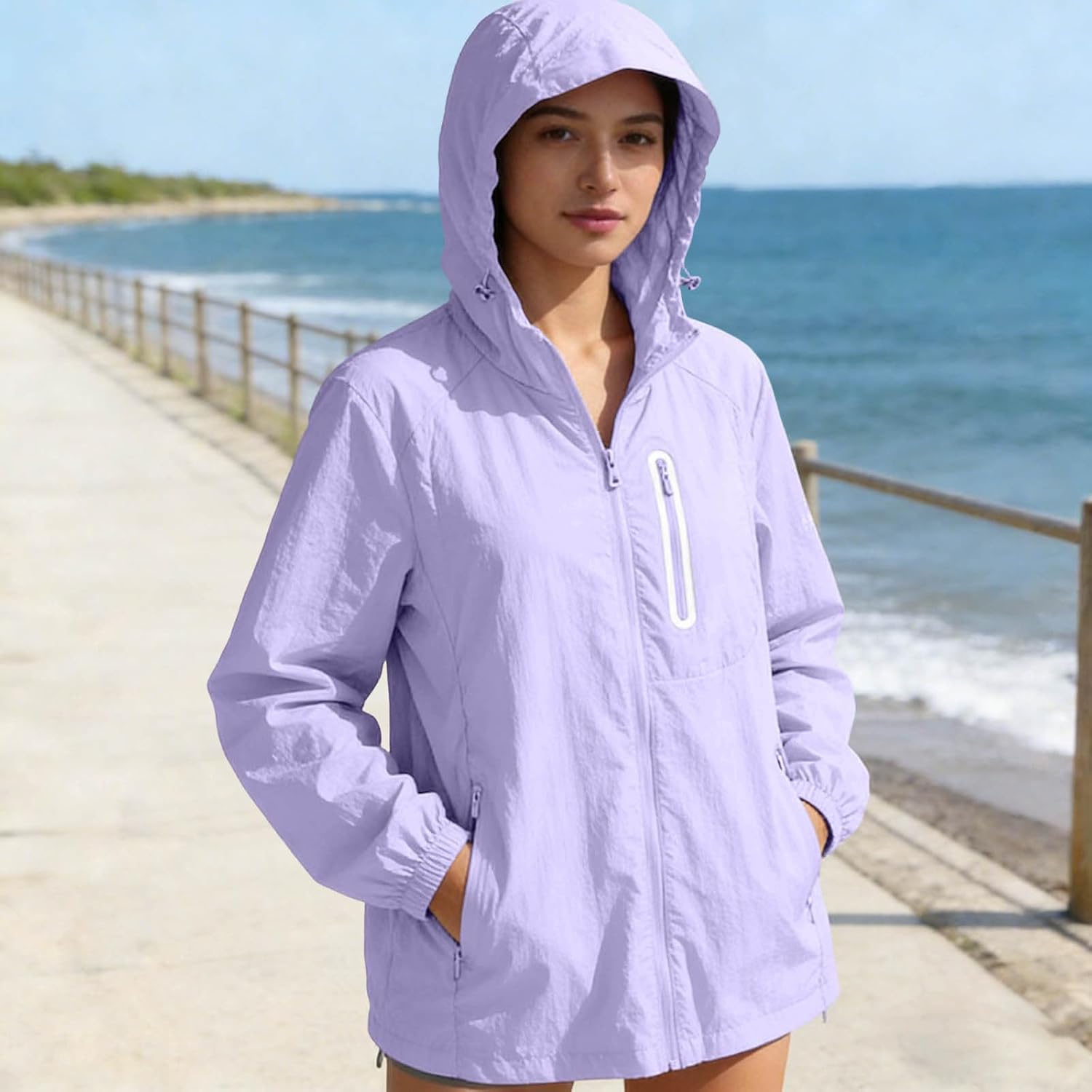 Lightweight Windbreaker for Women Water Resistant Hooded Running Jacket | Ice Silk Cooling Fabric, Zippered Chest Pocket, Elastic Cuffs, Breathable Outerwear, Perfect Outdoor Active Coat