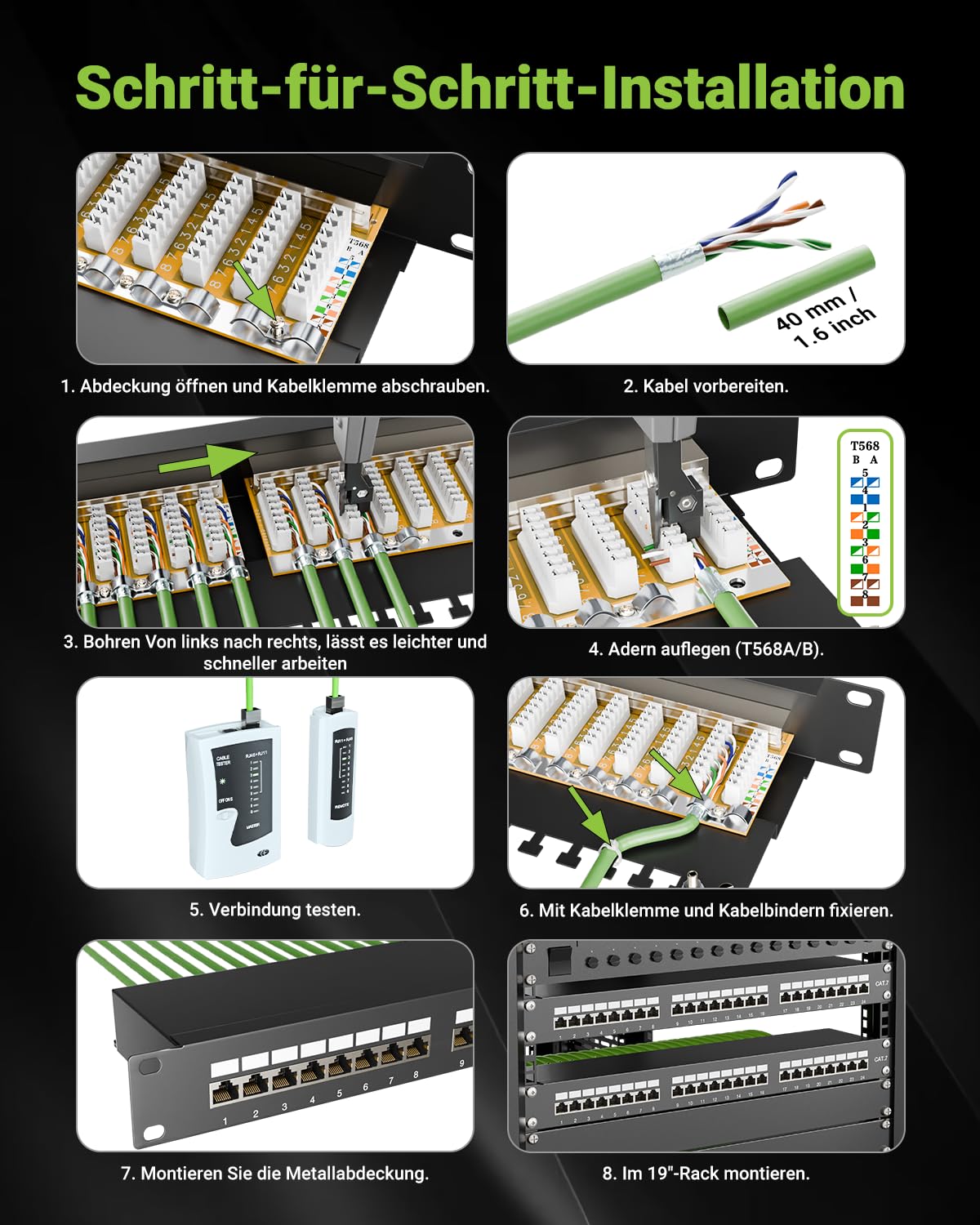 Geschirmtes 24 Port CAT7 Patchpanel Verteilerfeld, 10 Gbit/s, Vergoldete Patchpanel 19 Zoll für Cat7/6A/6 Verlegekabel, Metallgehäuse mit Erdung für Wandmontage und Heimvernetzung