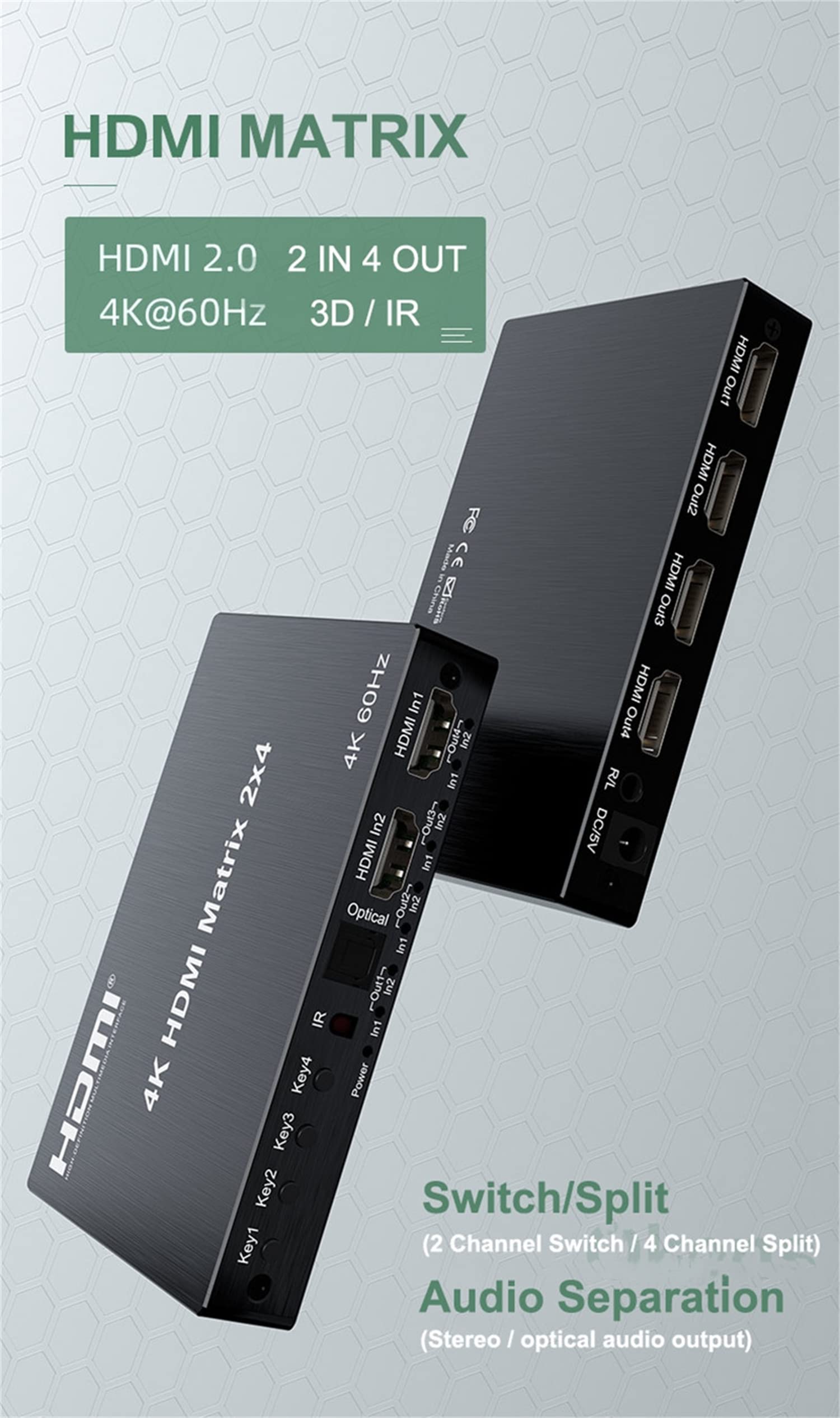 4K HDMI Matrix 2X4,4K 60Hz HDMI Matrix 2x4 Per Dolby HDMI Splitter Switch 2 In 4 out 4K 60Hz Matrix hdmi Interruttore Con Audio R/L Per PC a TV Monitor (2X4)