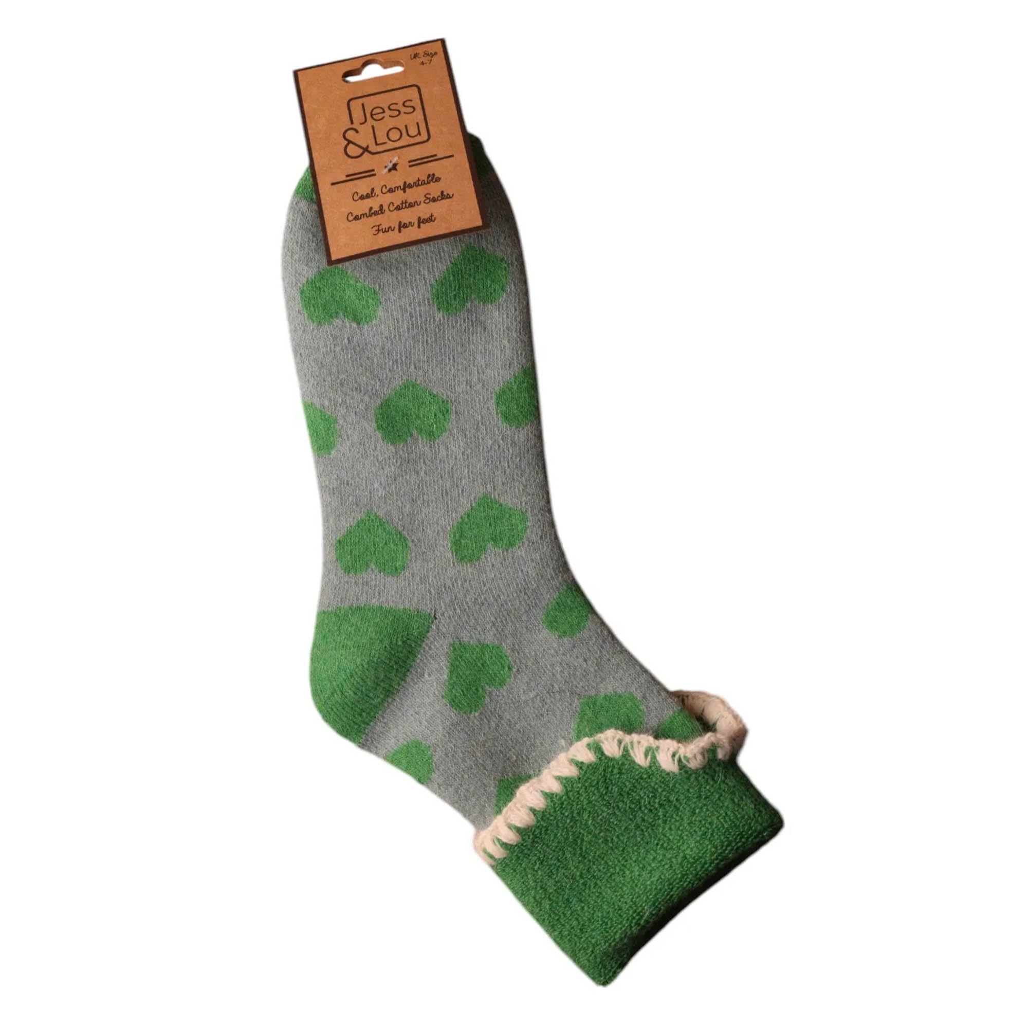 Jess & Lou Women's Socks - Cosy Cuffs Hearts - Green & Grey
