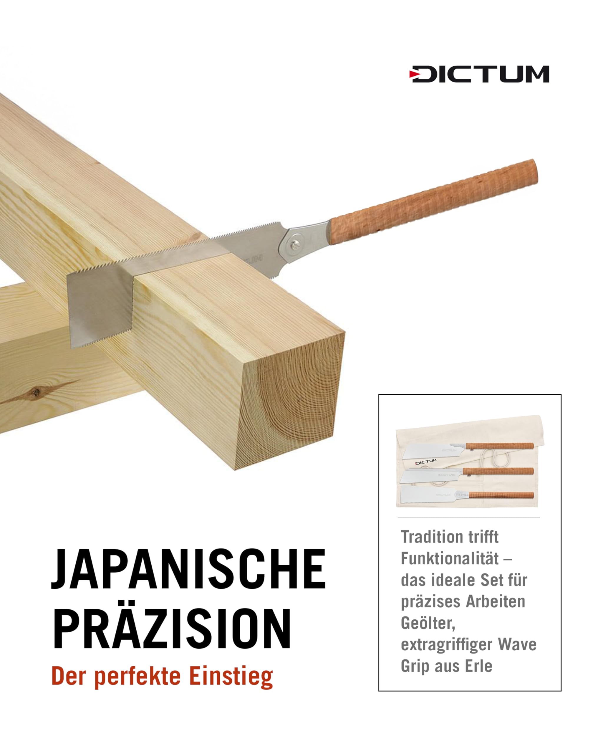 DICTUM Japansäge Set 3-teilig Dozuki Kataba Ryoba Profi Zugsäge Wave Grip Original Feinsäge Präzisionssäge