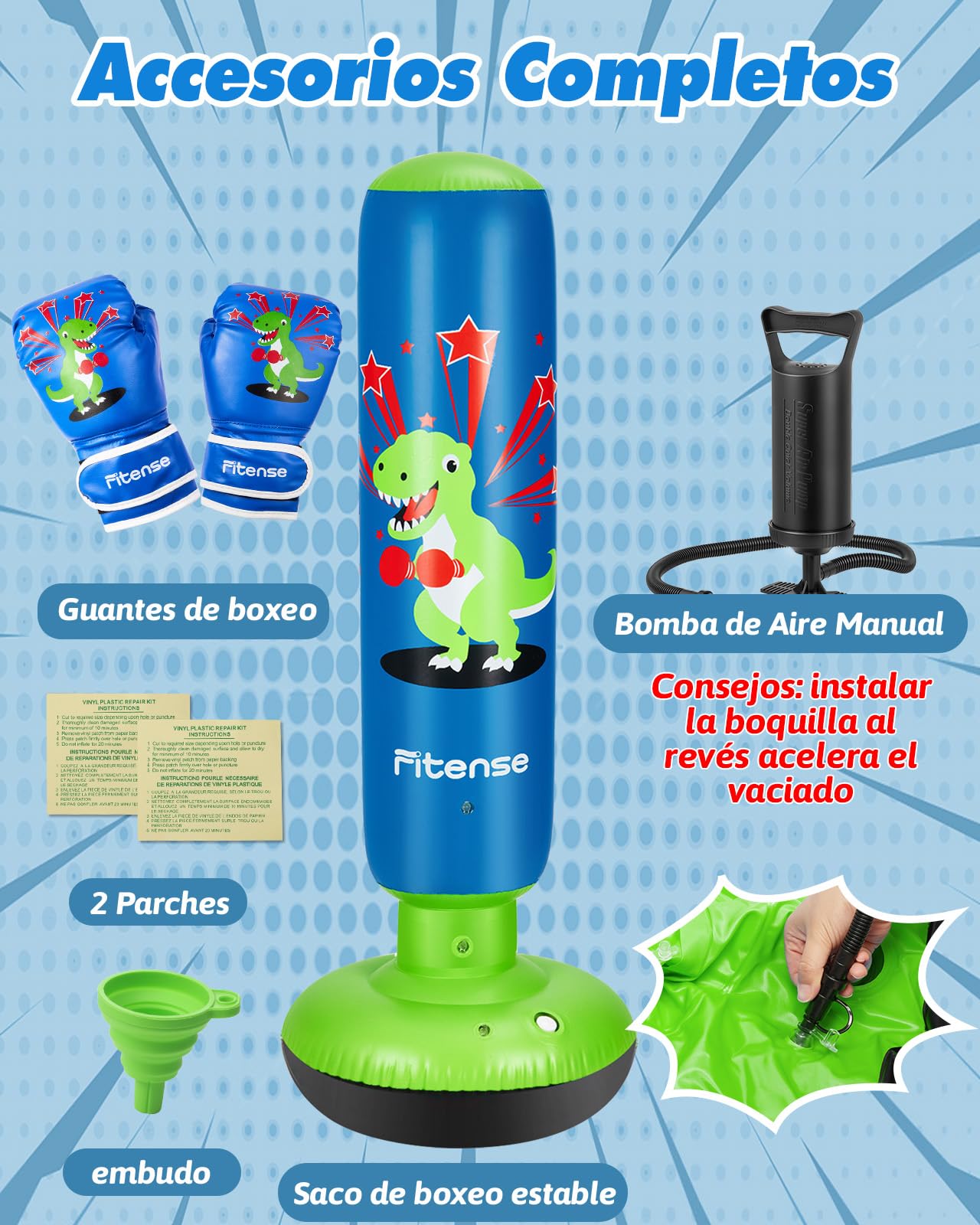 Fitense Saco de Boxeo Niños, 120cm Boxeo Saco Inflable con Guantes de Boxeo y Bomba, Punching Ball Estable para 3 a 8 Años, Set Saco de Boxeo de Pie Dinosaurio para Práctica de Karate, Taekwondo, MMA