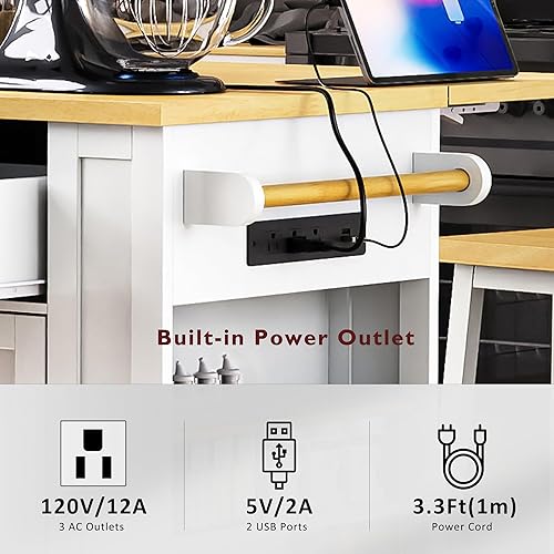 Miniatura 10 de Carrito de isla de cocina con toma de corriente, isla de cocina rodante sobre ruedas con estantes ajustables, mesa de cocina de isla con hoja caída,