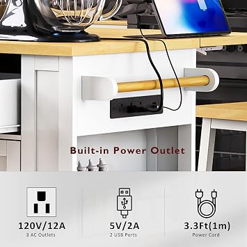 KISLOT 48 Rolling Large Kitchen Island Set with Power Outlet,Mobile Carts with Storage Cabinet,Extra Drop Leaf,2 Drawers and 5 Open Side Racks,Wood Table for Dining Room (Only Island)