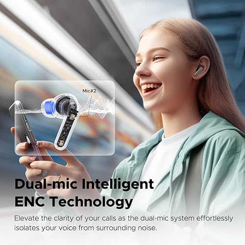Miniatura 5 de SoundPEATS Auriculares inalámbricos transparentes de bajo costo, auriculares Bluetooth 5.3, auriculares de 0.472 in, 2 micrófonos con ENC, llamadas