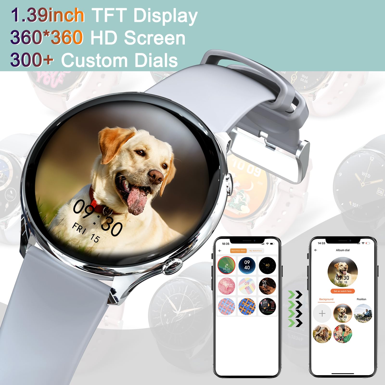 Relojes Inteligentes Mujer Hombre,1.39' Smartwatch Redondo con Hacer y Contestar Llamada,Monitoreo de Sueño,Podómetro,SpO2,120 Modos Deporte,Pulsera Fitness Plata para Android iOS