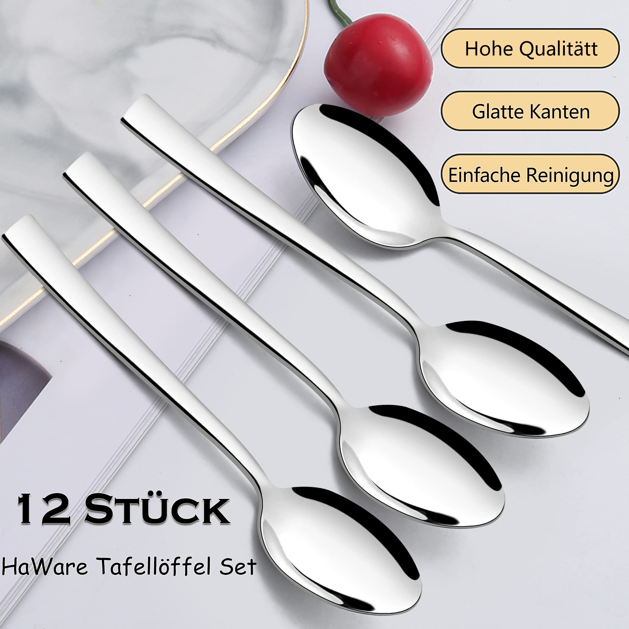 HaWare Łyżki 12 sztuk, łyżki do zupy ze stali nierdzewnej, zestaw 12 sztuk, eleganckie i nowoczesne łyżki stołowe, zestaw do domu/restauracji/na imprezę, polerowane na wysoki połysk i nadają się do