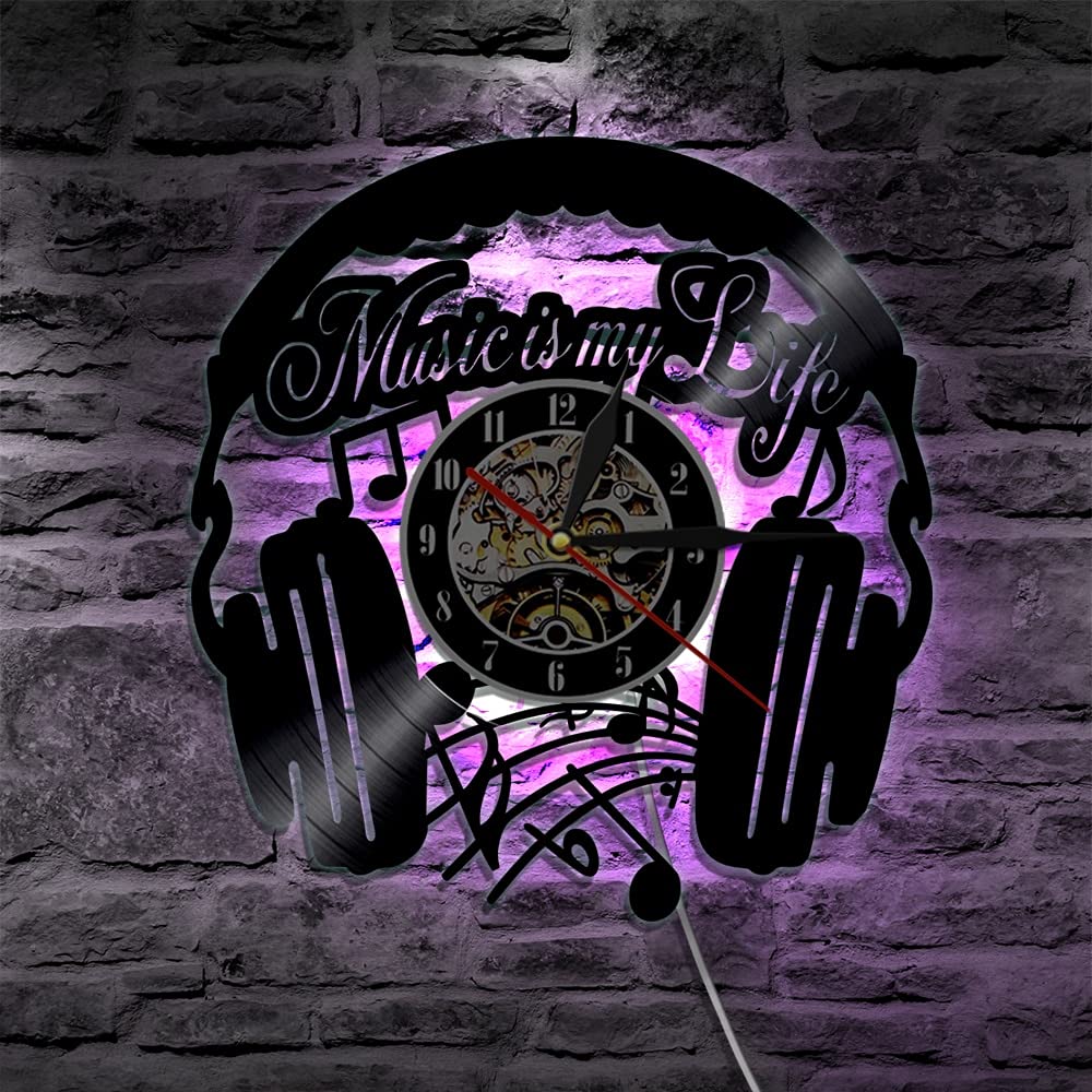 Music Is My Life Orologio da parete con disco in vinile Decorazioni per la casa Orologio da parete Orologio da parete Cuffie Orologi a tempo Appassionati di musica rock Appassionati Idea regalo Diam