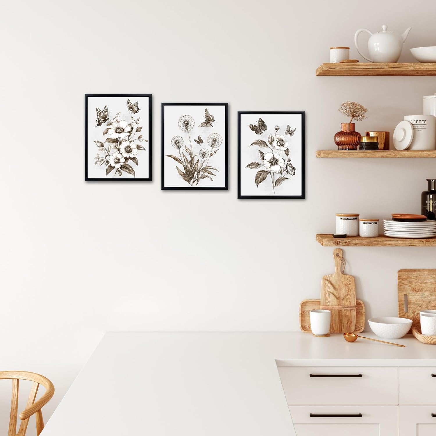 FuShvre Brown Bathroom Decor Sepia Flowers and Butterfly Pictures Wall Art Modern Floral Bathroom Wall Decor Black Frames Each Panel 12x16 Inches (Brown)