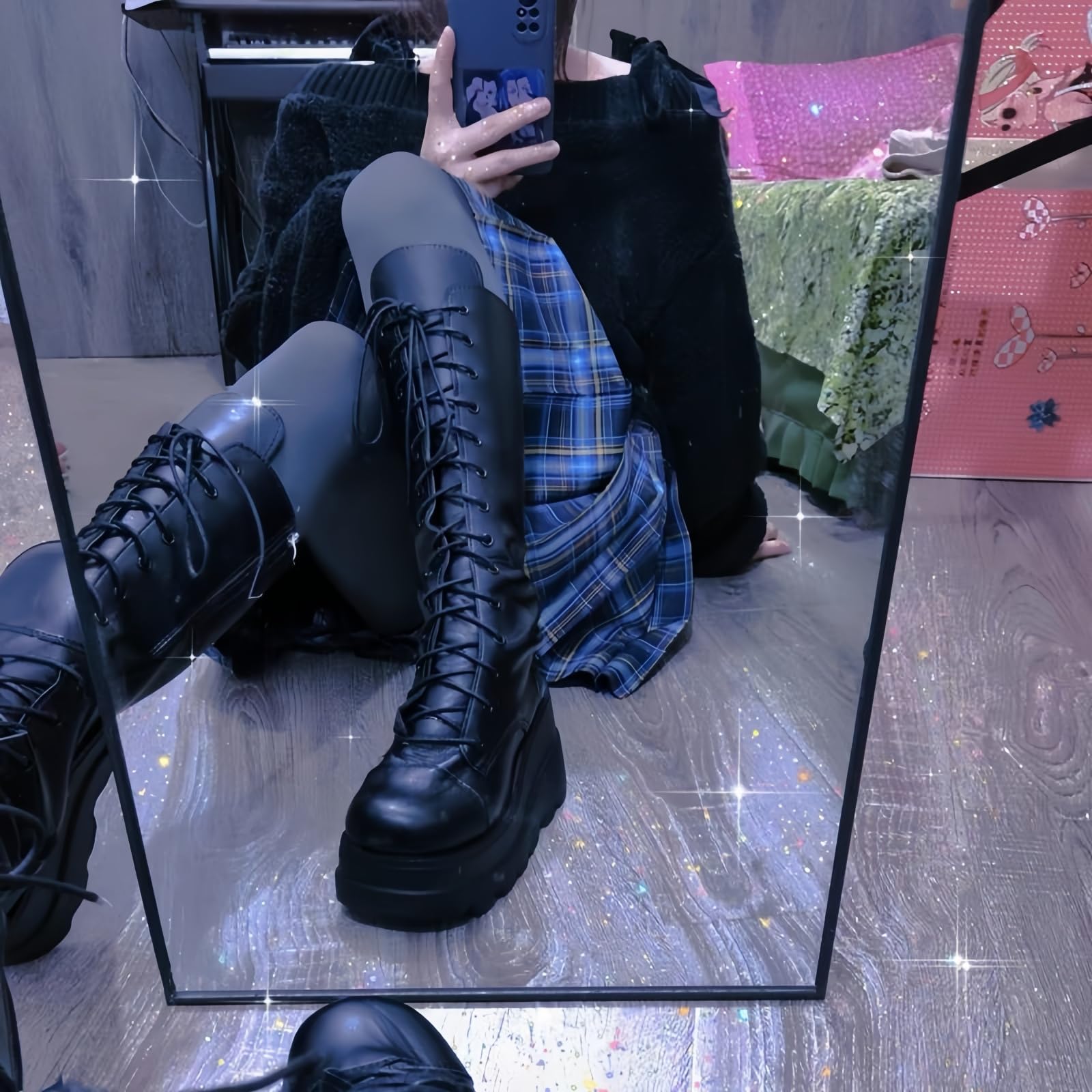 Stivali da ginocchio con piattaforma a cuneo alto con tacco piattaforma grosso Lace Up & Zipper Punk Goth Stivali da combattimento di vitello medio Stivali da moto con fibbie in metallo