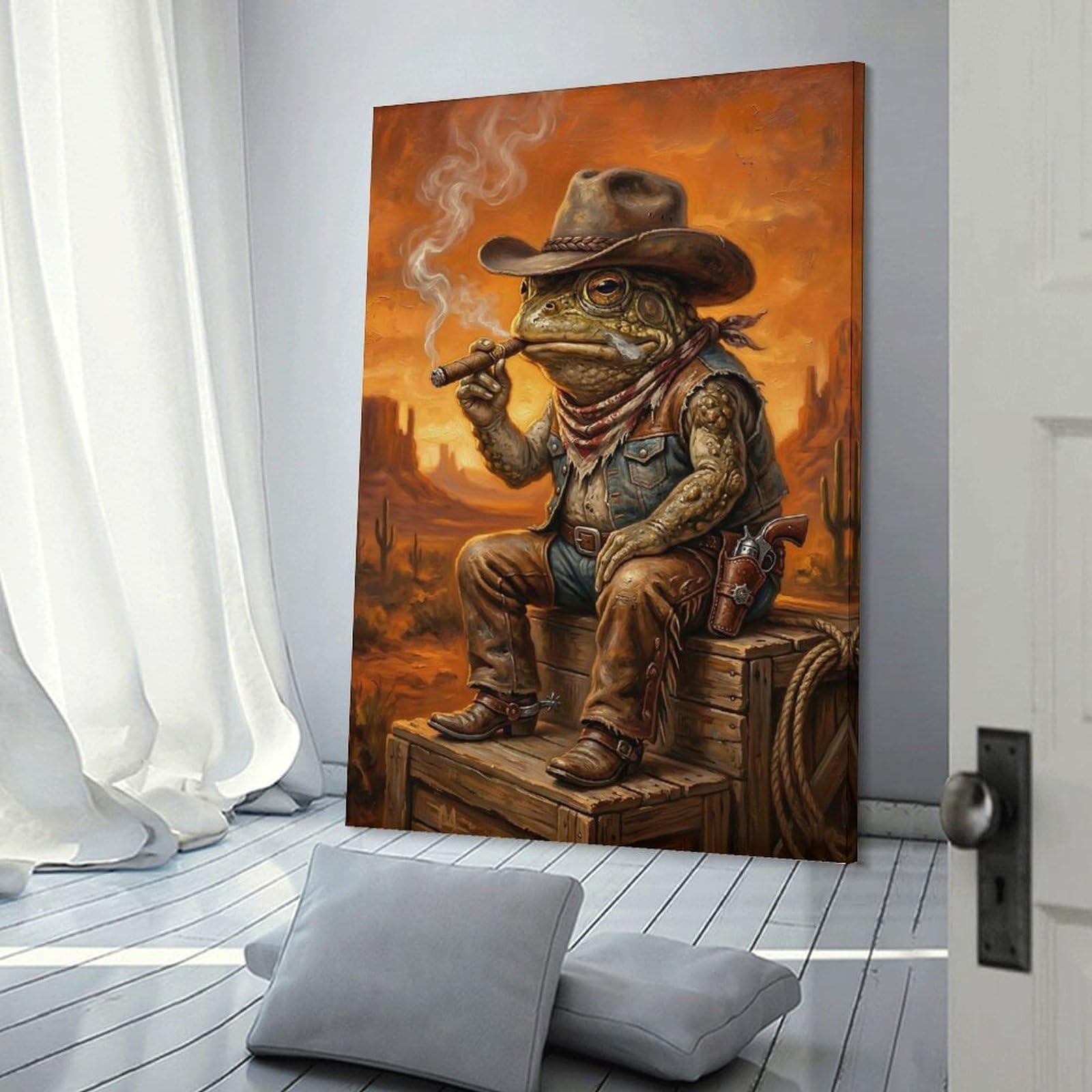 Junmoney Cowboy Frog Smoking Cigar in Desert Decorative Canvas Print 24x36inch(60x90cm), for Study, Office Or Focused Interiors, Wall Art That Adds Style to Work Areas