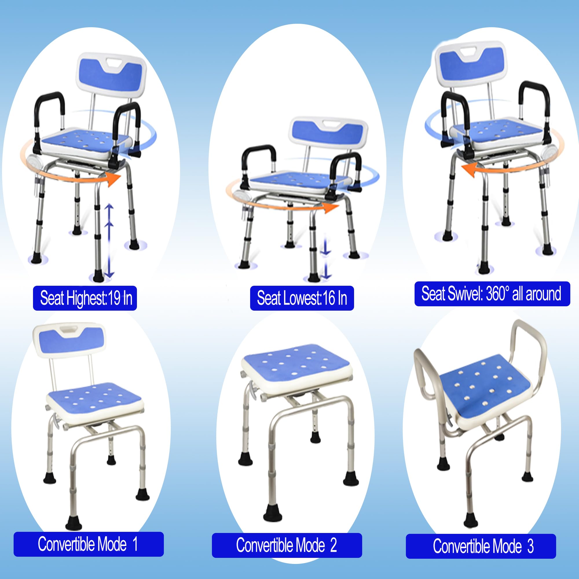 Silla de ducha giratoria de 360 grados, asiento portátil con reposabrazos y respaldo, asiento de altura ajustable para bañera (blanco)