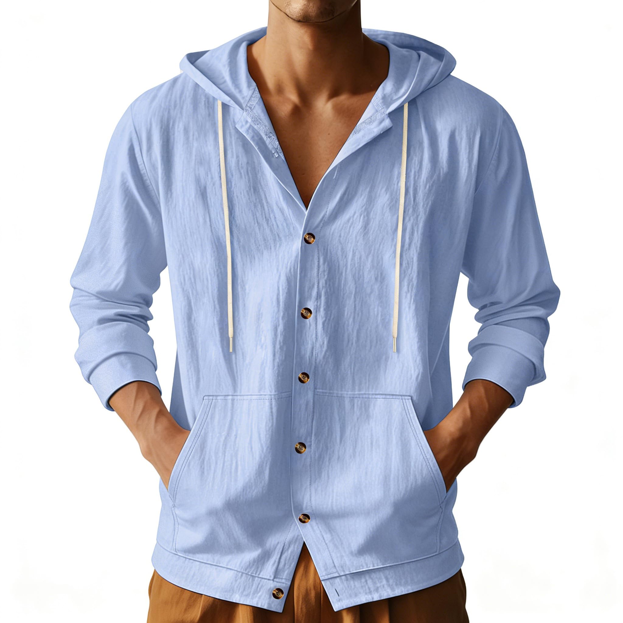 Mens Linen Long Sleeve Button Down Shirts with Pockets Casual Hawaiian Beach Shirts Lightweight Fashion Hoodies