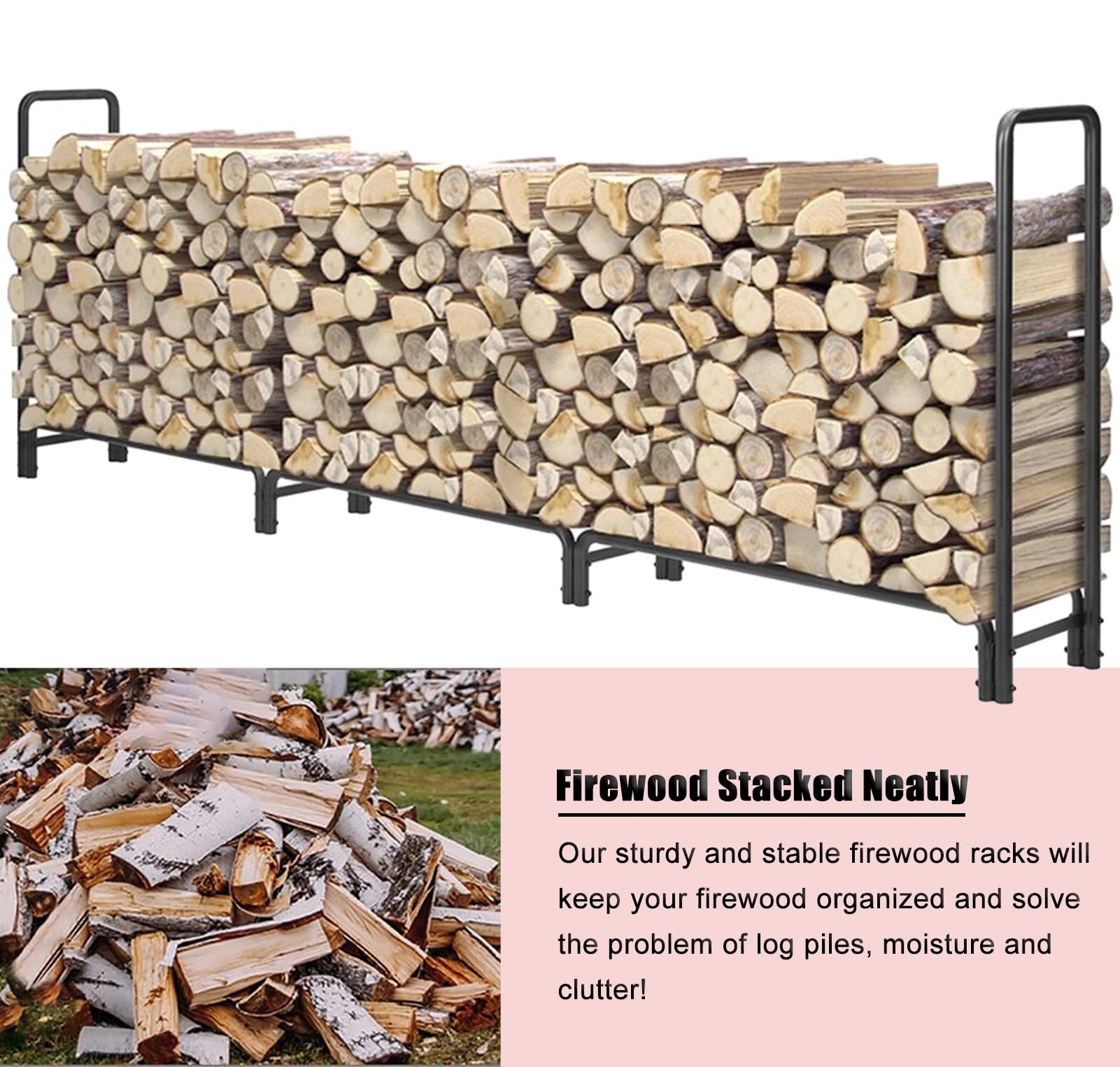 Unho 12FT Heavy Duty Firewood Log Rack Stand – Outdoor Metal Wood Storage, Black