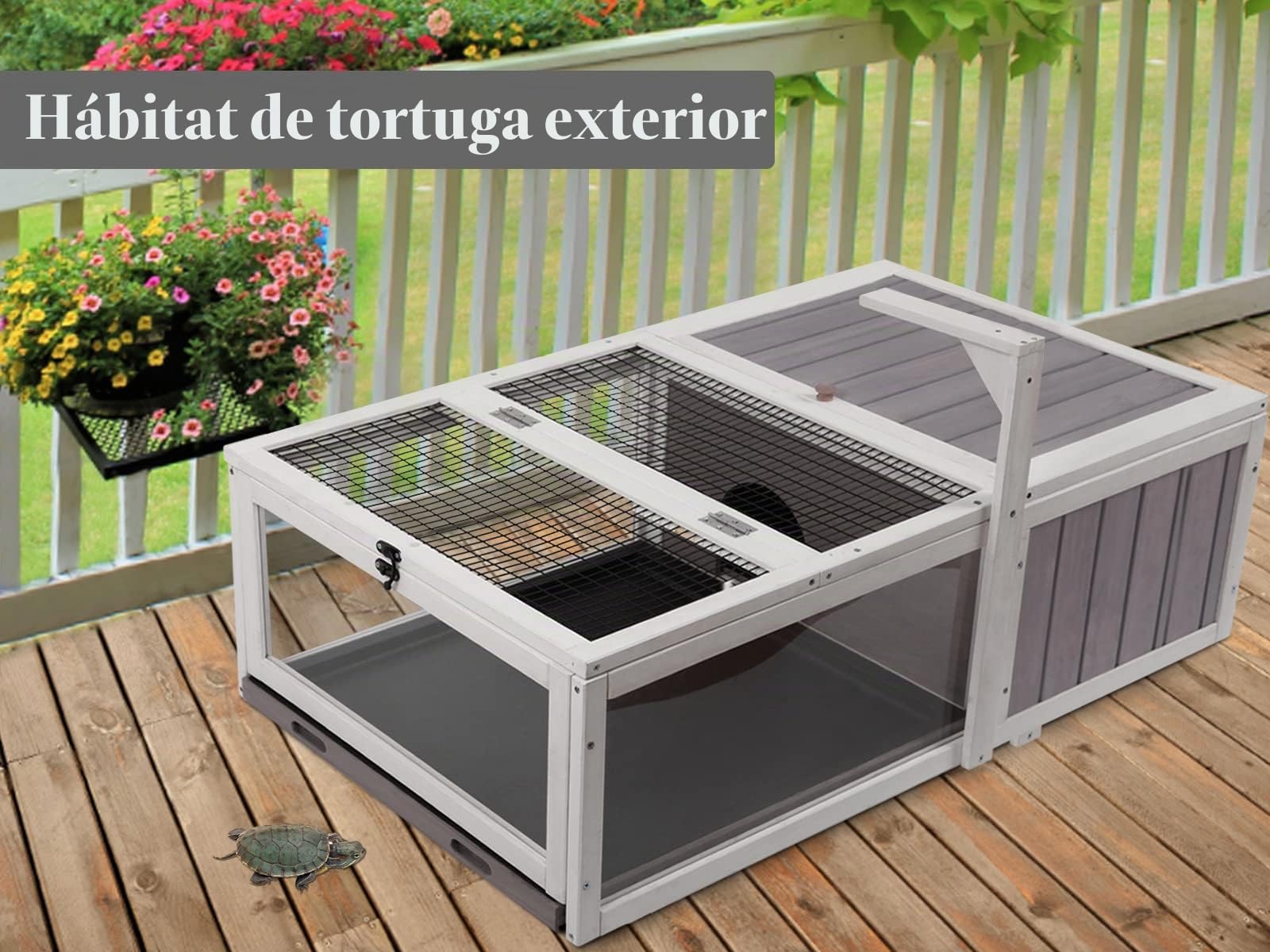 Tortuga House Hábitat Box de madera para interior y exterior, recinto para tortugas de interior para animales pequeños, jaula para reptiles de exterior gris