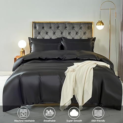 Miniatura 9 de HOdo Home Funda de edredón de satén, tamaño Queen, 3 piezas, funda de edredón similar a la seda, ultra suave y transpirable, juego de ropa de cama