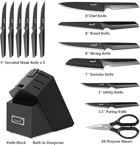 Miniatura 3 de Kuisine Juego de cuchillos de cocina de una sola pieza, 15 piezas, acero inoxidable alemán de alto carbono ultra afilado, mango ergonómico de acero