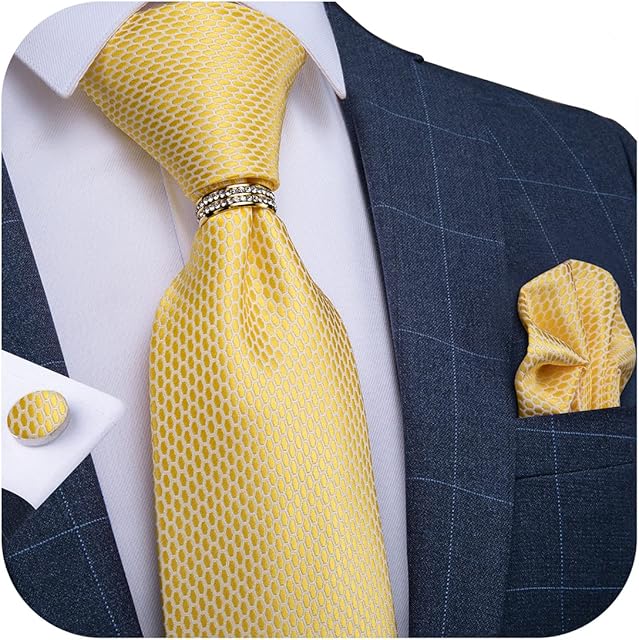 DiBanGu Silk Ties for Men and Gold Tie Ring Woven Pocket Square Cufflinks with Gift Box Paisley Stripe Solid Necktie Formal Wedding
