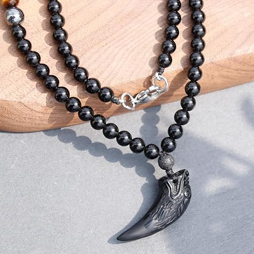 Miniatura 3 de Obsidian Wolf Necklace for Men, Natural Healing Crystal Mens Beaded Necklace, Black Obsidian Tigers Eye and Hematite Energy Stone Amulet Protection