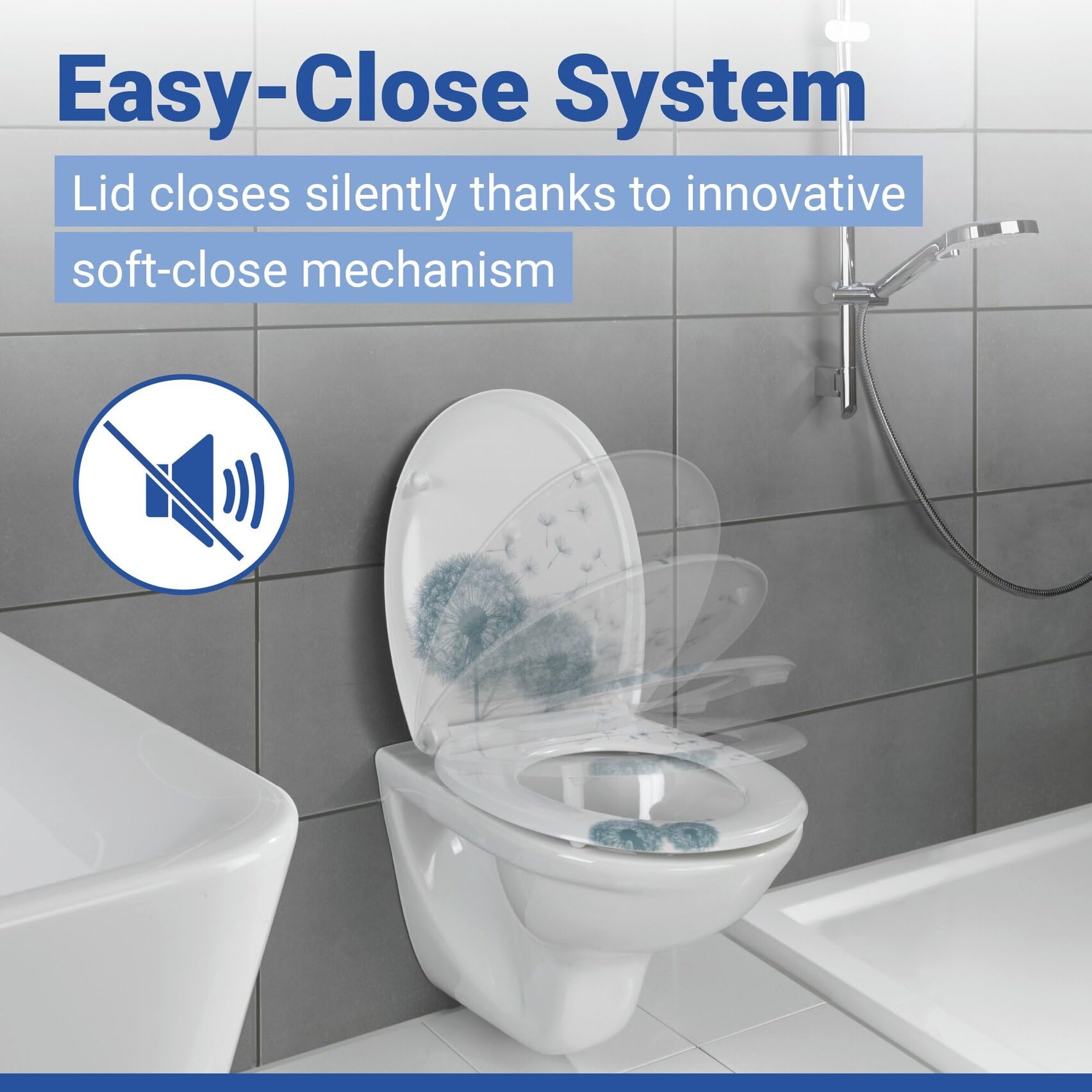 WENKO Tapa de WC Astera - antibacteriano, dispositivo automático de descenso, sujeción higiénica Fix-Clip, Duroplast, 38 x 45 cm, Multicolor