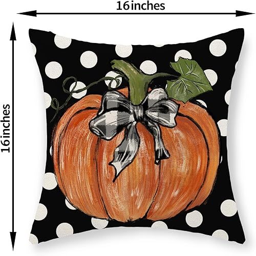 Miniatura 291 de Juego de 2 fundas de almohada de otoño de 18 x 18 pulgadas, hojas de arce de calabaza y búfalo a cuadros, decoración de otoño, de lino, Acción