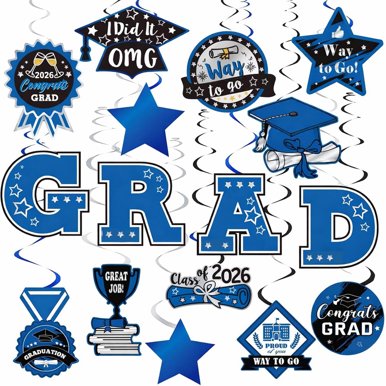 Aurblyn Blue Graduation Decorations 2026 Hanging Swirls Double-Sided White Swirl Streamers Class Of 2026 Congrats Grad Graduation Prom Party Decorations Supplies Ceiling Window Indoor Outdoor University