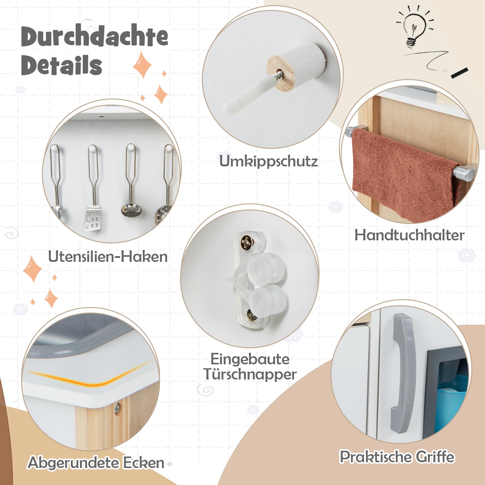 DREAMADE Kinderküche Holz mit Zubehör, Miniküche mit Mikrowelle & Dunstabzugshaube & Herd & Spüle & Backofen, Kinderspielküche Holzküche, Spielküche für Jungen und Mädchen ab 3 Jahren (Weiß)