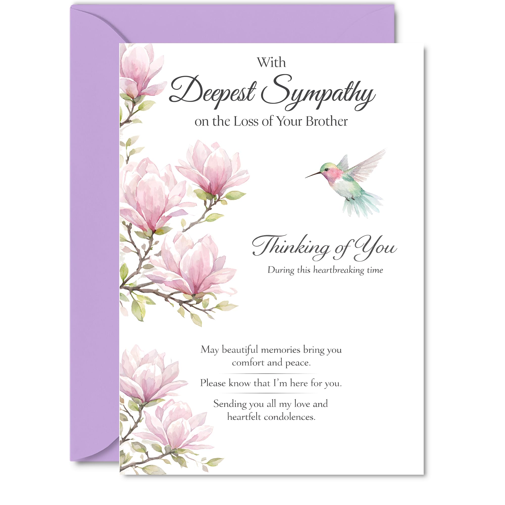 Comforting Sympathy Card - Loss of Brother - Gentle Wishes in a Time of Sorrow - Delicate Pink Flowers and Hummingbird Artwork - 5X7 Inch, Envelope Included