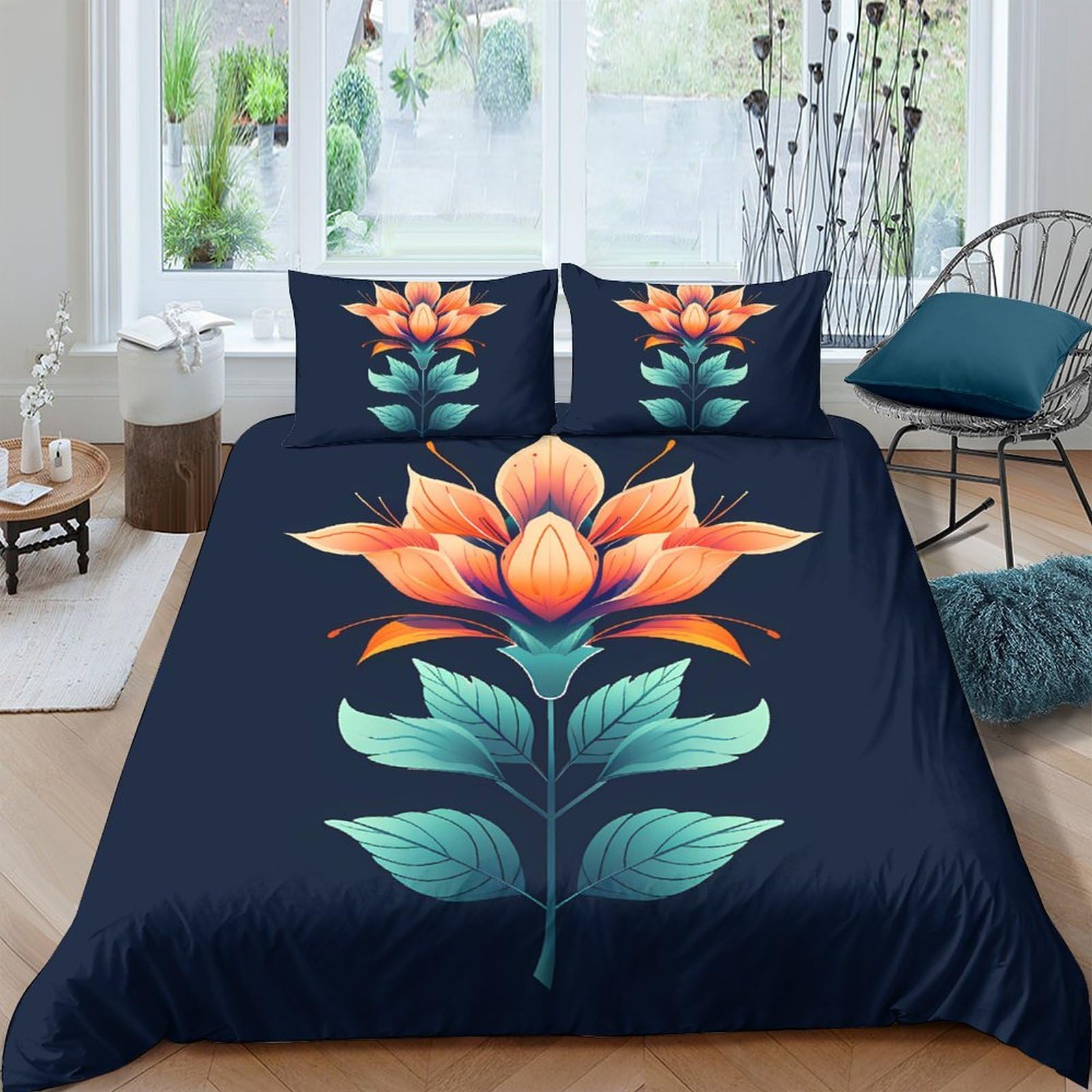 Ctjqhvkz Style-4 3D Printed Orange Blossom Fitted Sheet Microfiber Soft Bedroom Decor Leaf Pattern Mattress Cover Anti-Slip Washable Single（135X200cm）