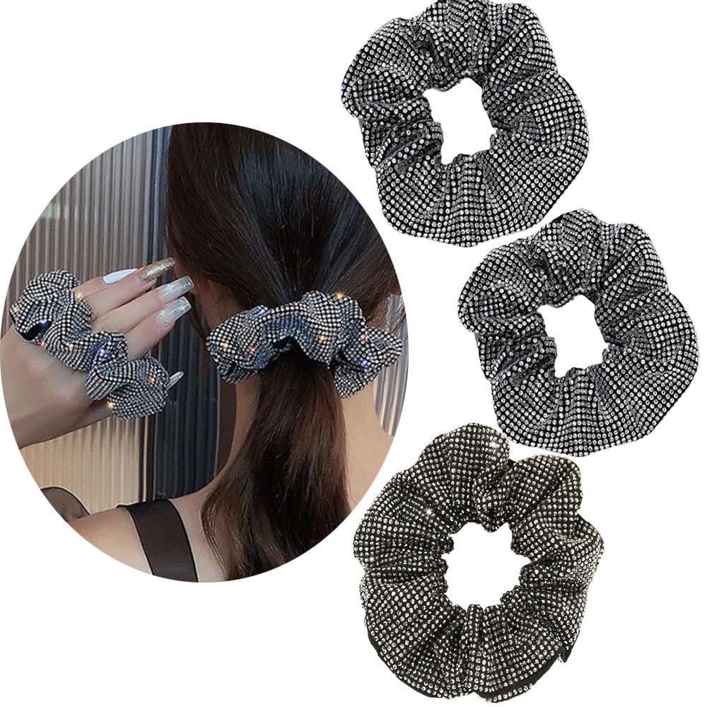 3 Pack Rhinestone Hair Scrunchies, Sparkly Crystal Hair Tie Luxury Elegant Ponytail Holder Hair Accessories for Women and Girls (crystal gunmetal set)