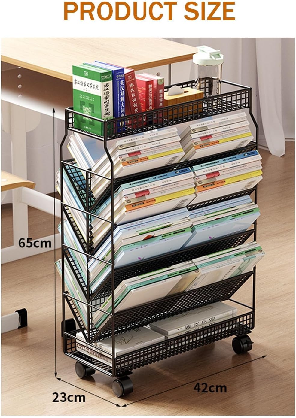 Book cartRolling File cart 6-Tier, Mobile Bookshelf Metal Rolling Utility cart Heavy Duty for Office, Dorm, Classroom,Library, Living Room,Black