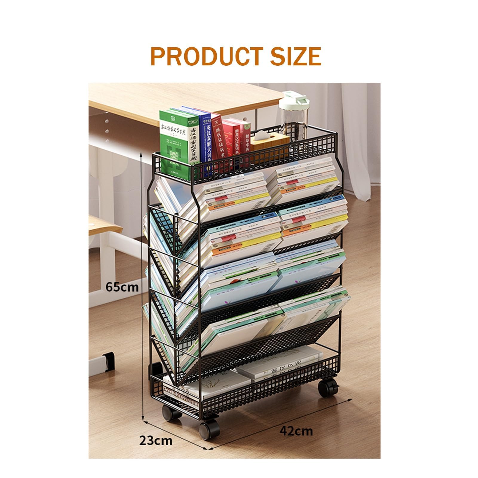 Carro para Archivos con Ruedas de 6 Niveles, estantería móvil, Carro utilitario con Ruedas de Metal, Resistente para Oficina, Dormitorio, Aula, Biblioteca, Sala de Estar, Negro