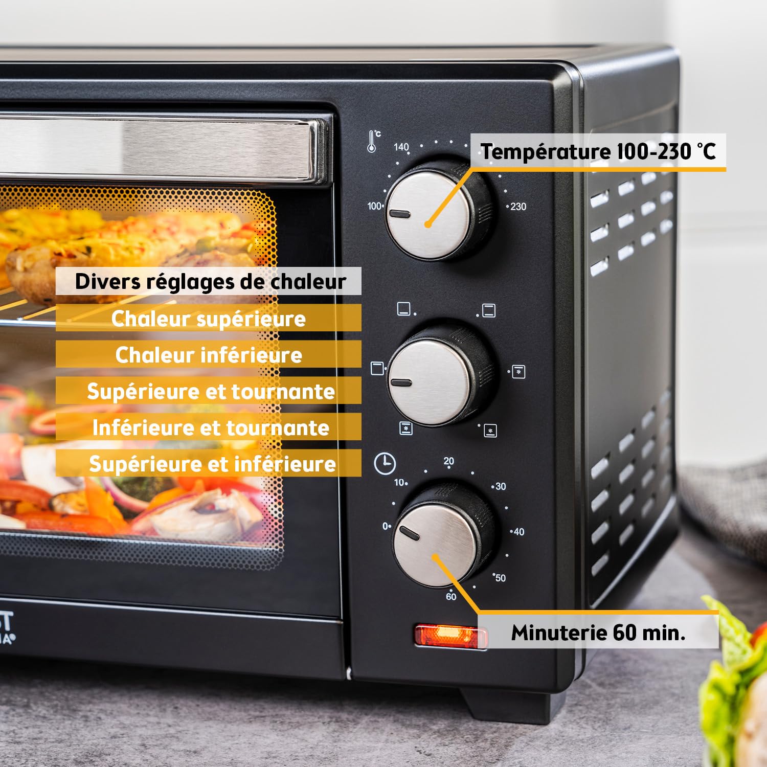 TZS First Austria - Mini Four 20L 1380W - Four avec réglage de la température jusqu'à 230°C - Avec minuteur de 60 min, 3 hauteurs d'insertion, plaque et grille - Pour petites cuisines et camping