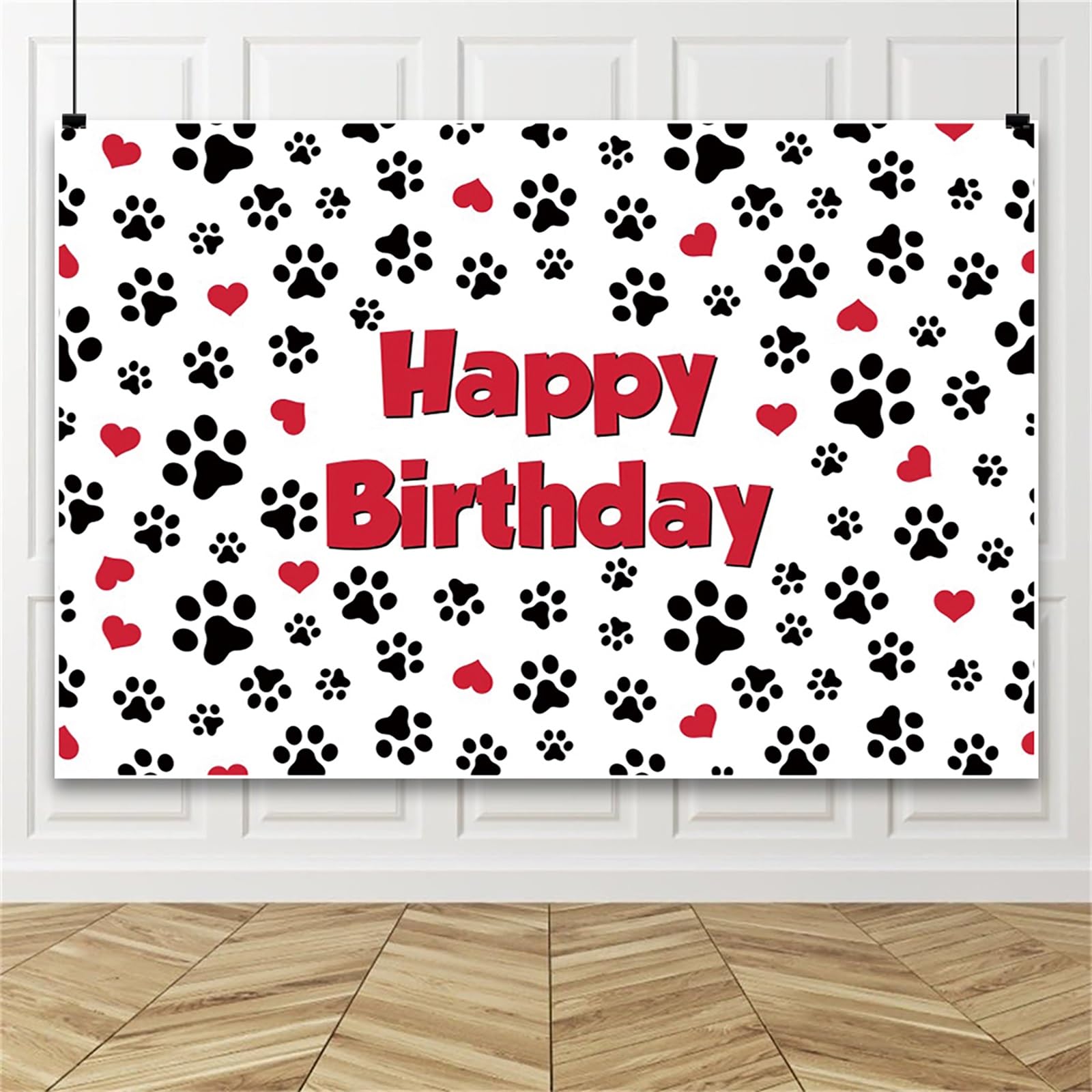 Renaiss 6x4ft Pet Footprints Birthday Backdrop Red Hearts Dog Cat Paw Prints Birthday Background for Photography Pet Themed Happy Birthday Party