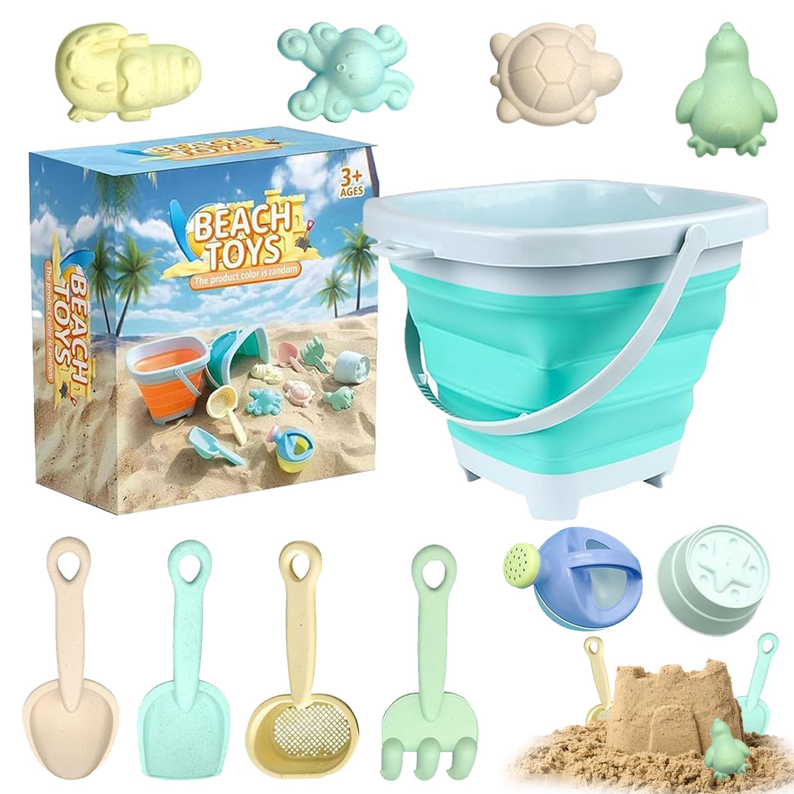 YKHSUAOU 11pcs Juego de Juguetes de Arena para Niños Sand Toys Juguetes De Playa Cubo De Arena Plegable Y Palas Juguetes De Arena De Viaje Reutilizables Juegos De Playa De Verano para Niños.