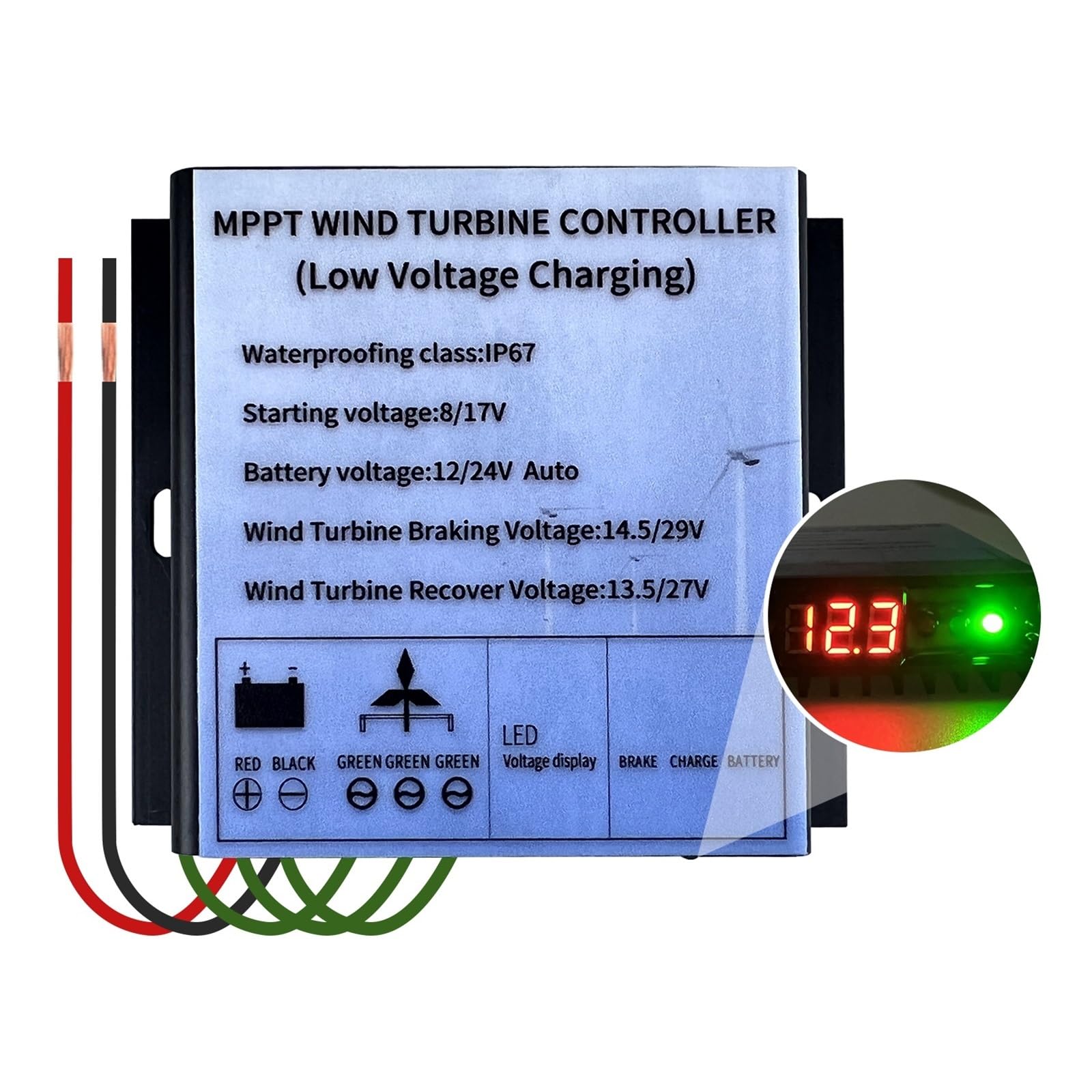 12V 24V 48V 600W 800W MPPT Kontroler Generatora Turbiny Wiatrowej Kontroler Ładowania Niskonapięciowego IP67 Ekran Napięcia LED(600W,48V)