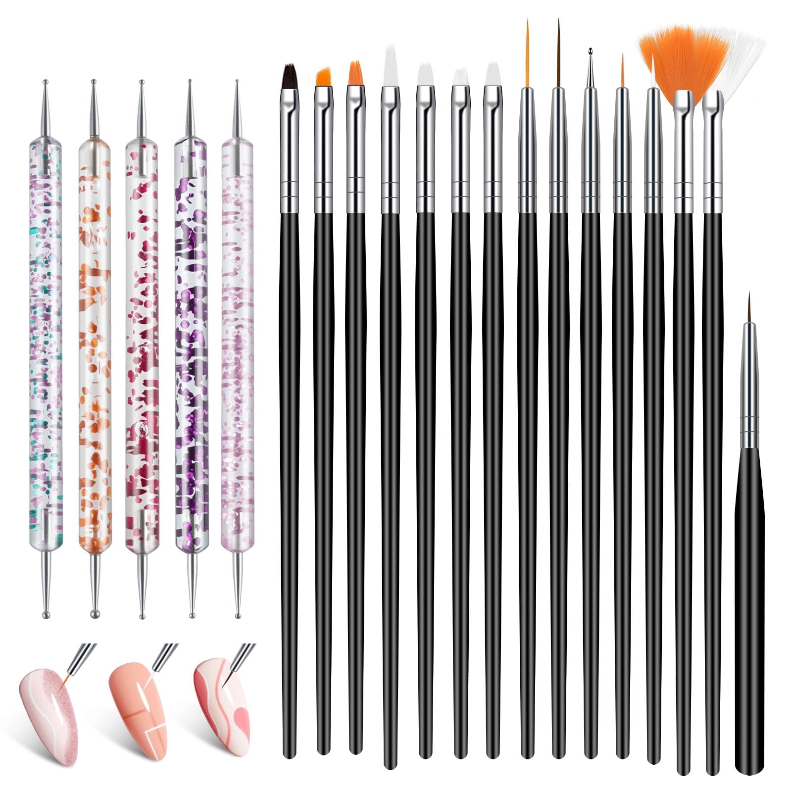 Nail Art Pennelli Unghie, 15 Pezzi Pennelli Unghie Gel e 5 Pezzi Dotter per DIY Disegno Decorazioni, Pennelli Nail Art Professionali per Disegnare DipingereLlinee e Fiori, Nero