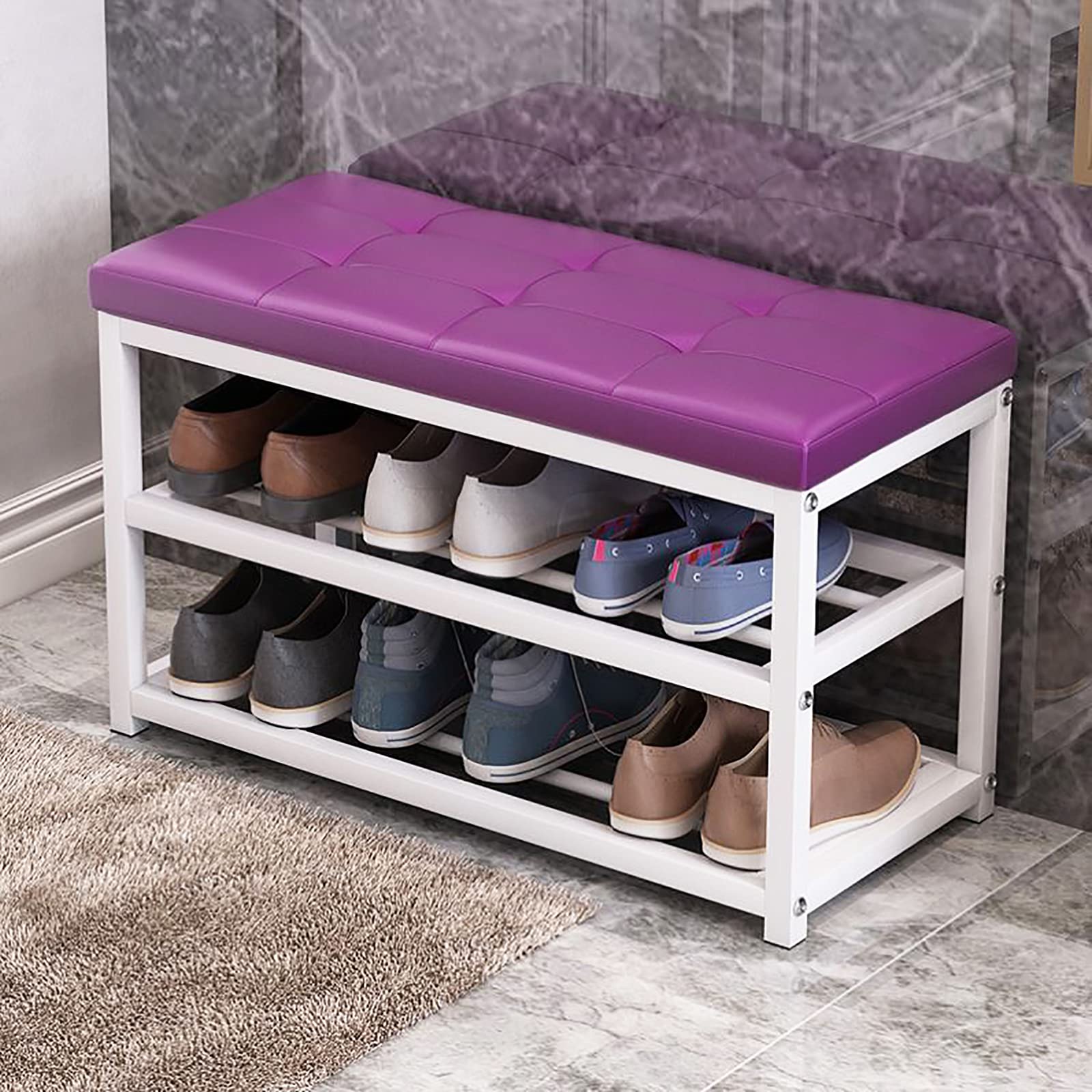 GDMDPTE Entryway Shoe Rack Bench with Cushion Seat, 3-Tier Shoe Storage nizer, Hallway Changing Stool with Metal Shelf, E-Leather, 70x45x30cm (28x18x12inch)