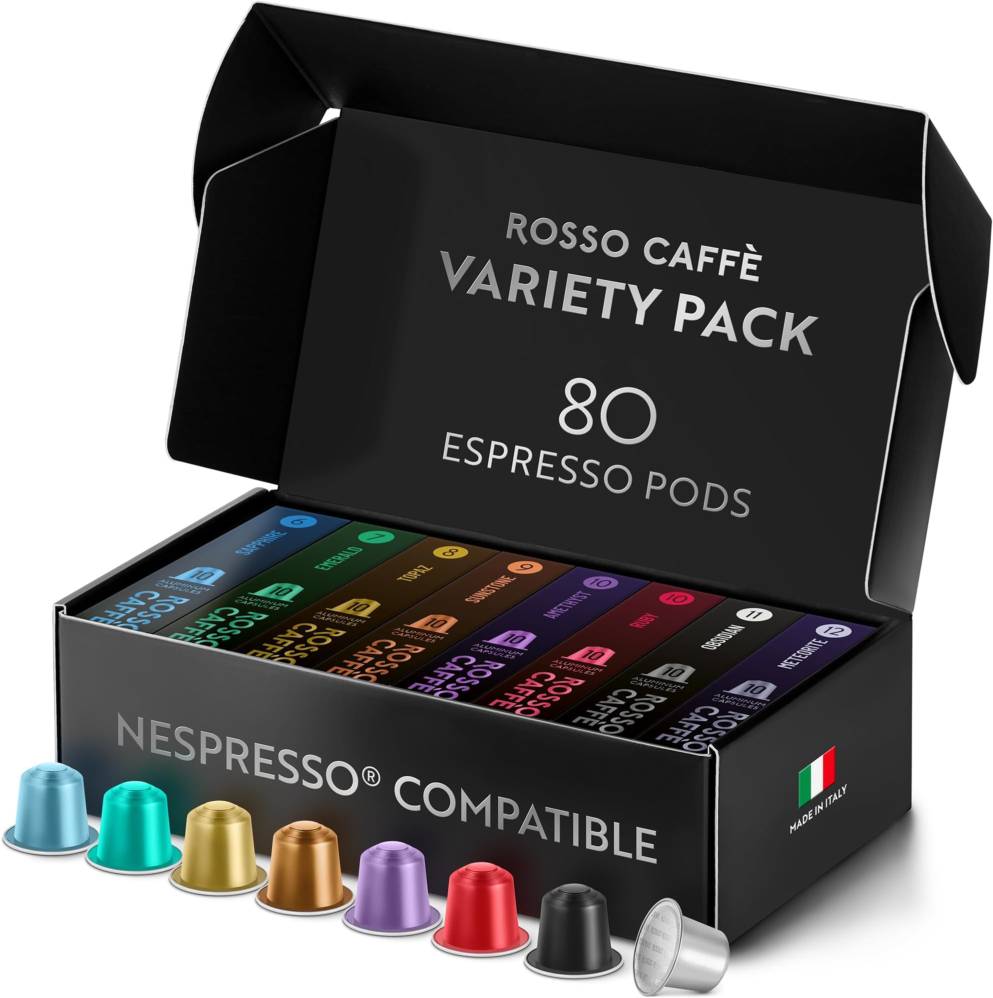 ROSSO CAFFÈ 80 Nespresso Machine Compatible Capsules, "Reserve Edition" Variety Pack, 8 Flavours, Aluminium Coffee Pods - Made in Italy
