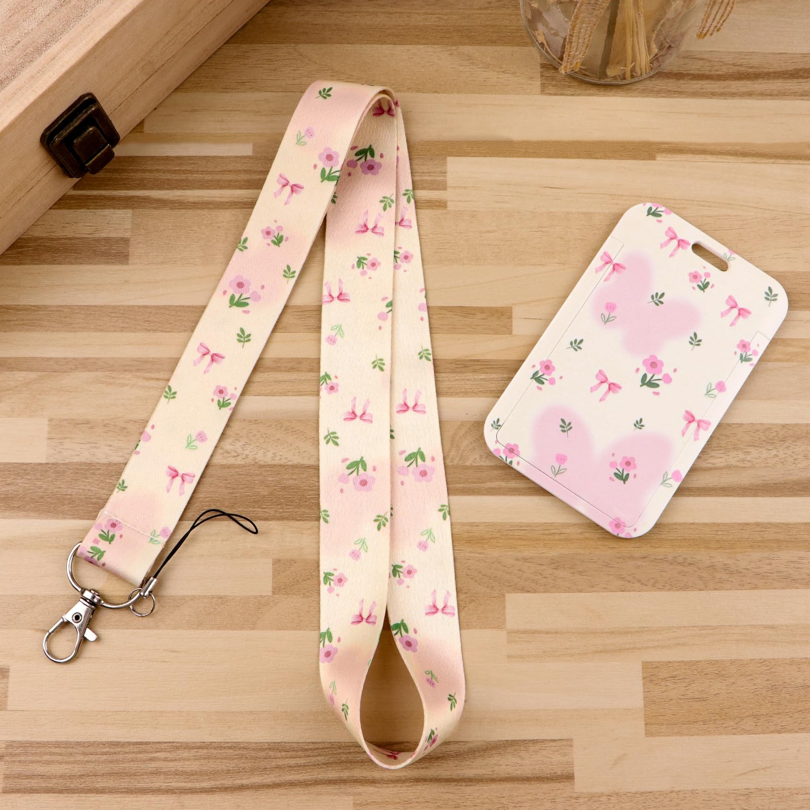 Pink Flowers ID Lanyard Card Holder Cute Key Lanyard Neck Strap for Keys & ID Badge for Women Girls Teachers Kids Nurse School ID Holder Keychain (Butterfly & Bow) - Image 2