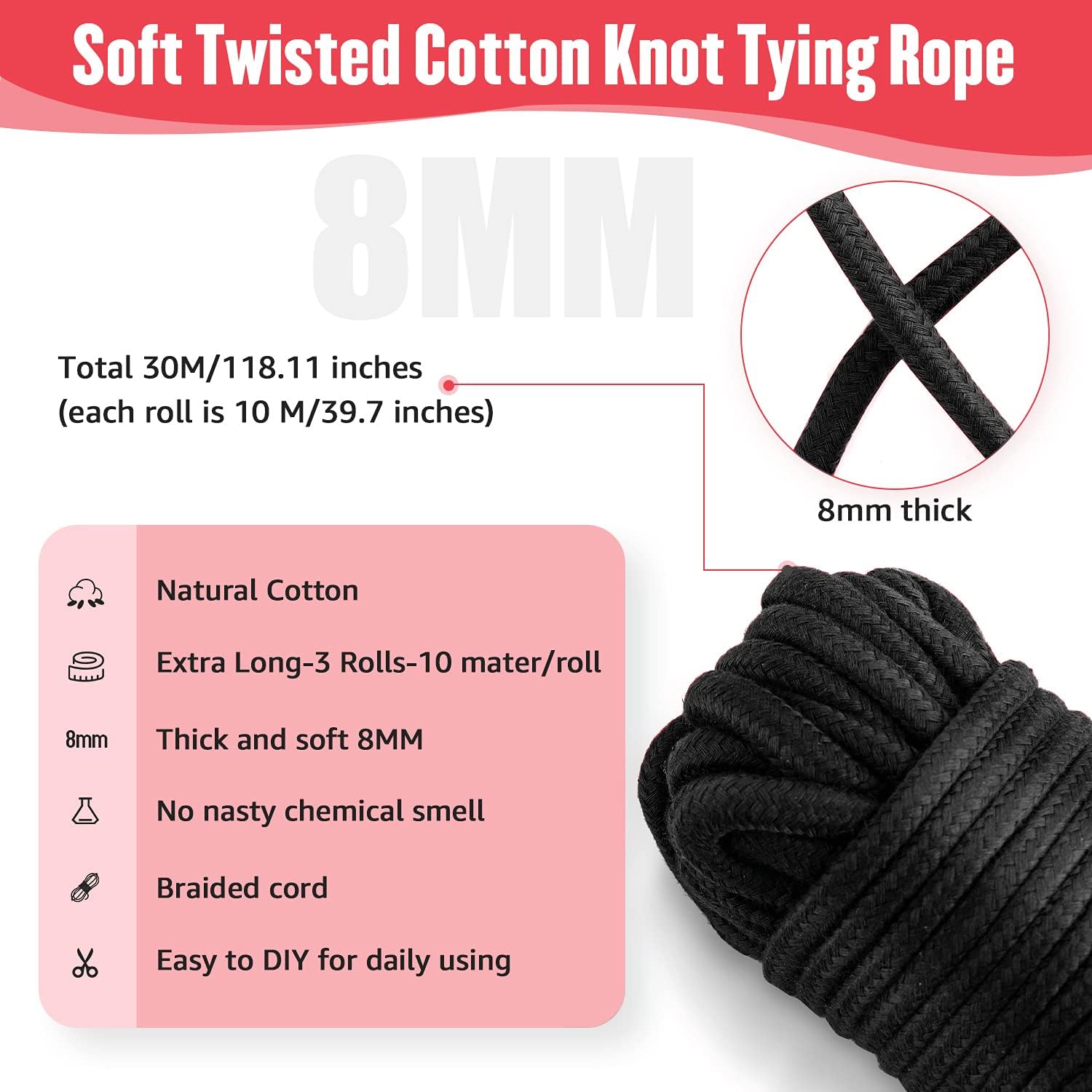 BEYOND MS Cotton Rope, 3-Pack Black 32 Feet 10 Meter Soft Twisted Cotton Knot Tying Rope