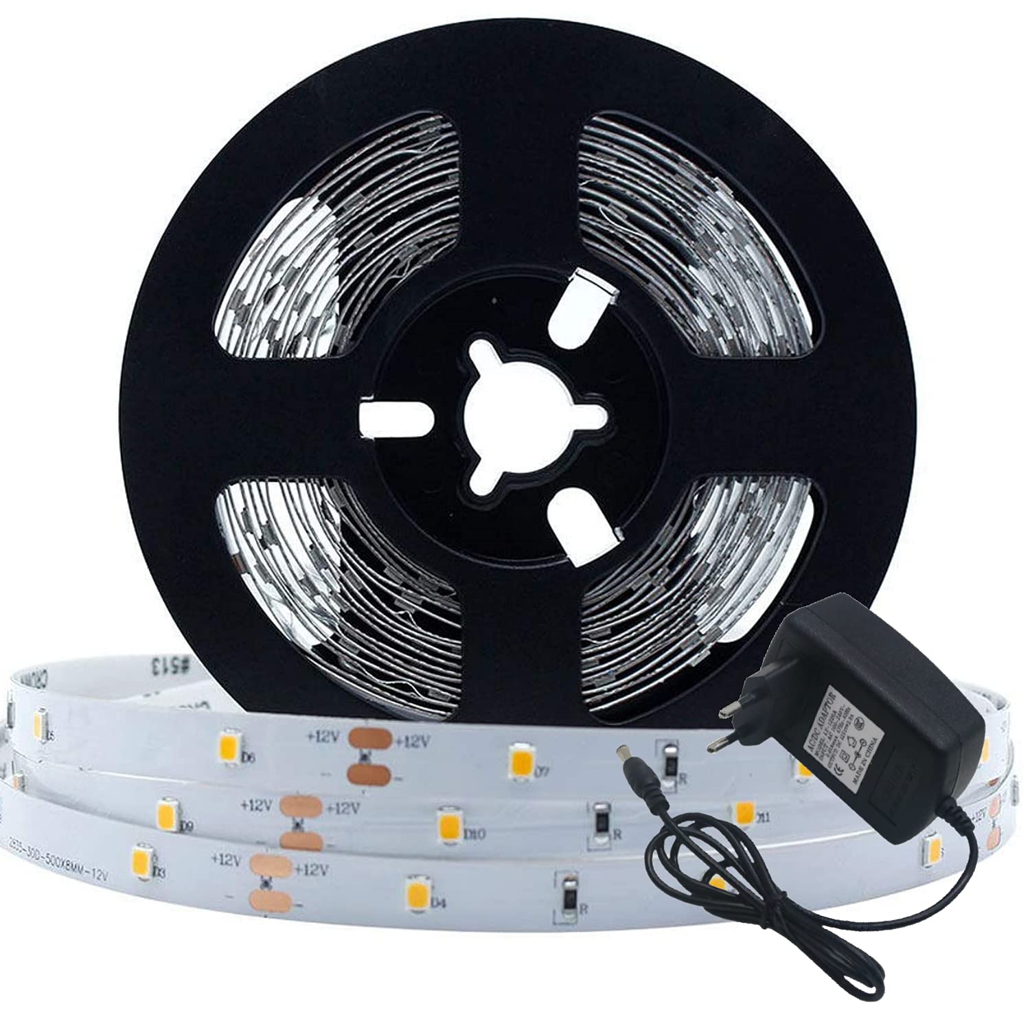 Royal ApexKED BROOK LED White Strip Lights SMD3528 16.4Ft(5M) 60LED/M DC12V 2.5A White PCB Flexible Ribbon Strip with Adhesive Tape