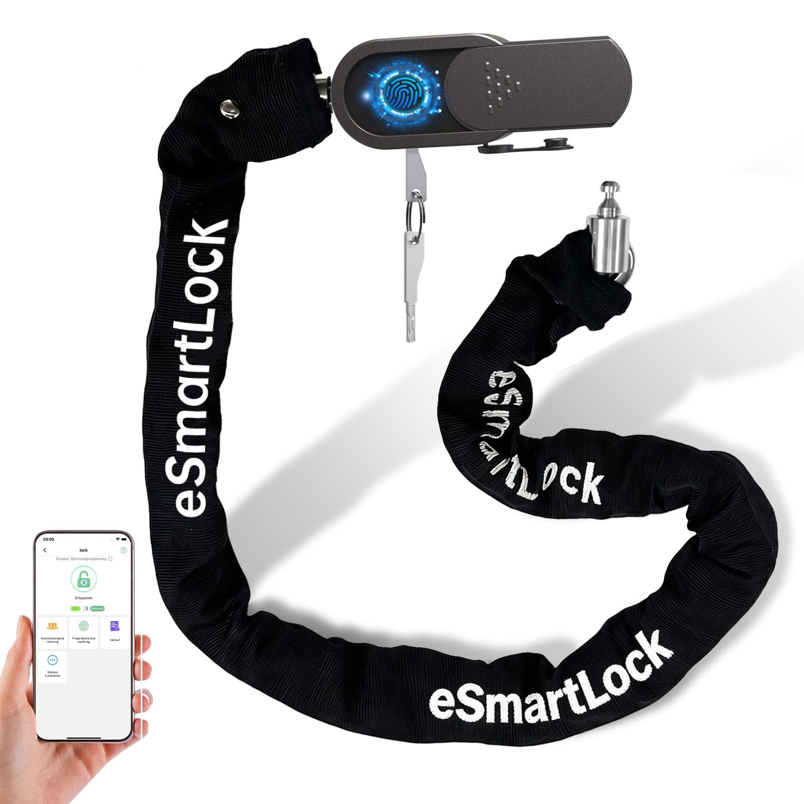 Eseesmart Lucchetto per bicicletta con impronte digitali con chiave, 8 mm, 1000 mm, lungo lucchetto a catena per bicicletta, alta sicurezza, anti-furto, impermeabile, per bicicletta e-scooter