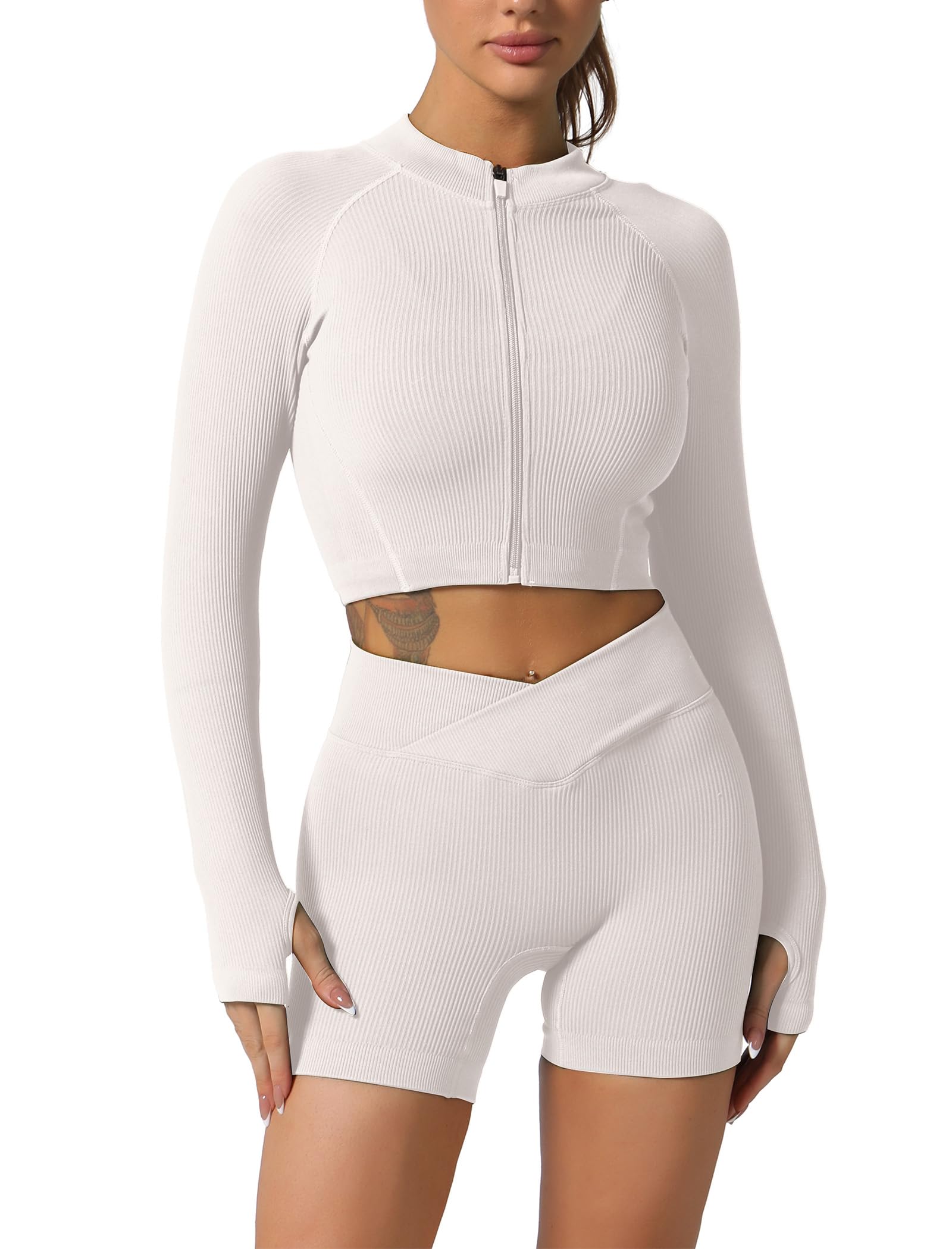ABOCIW Workout Sets for Women 2 Piece Ribbed Long Sleeve Zip Up Jacket High Waist Biker Shorts Gym