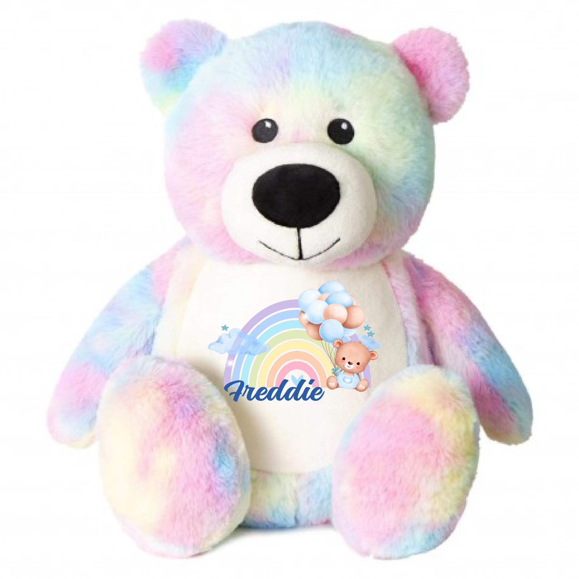 Crafted Memories - Personalised Teddy Bear 40cm Tall with Baby Rainbow Design, Cute Rainbow Teddy Bear with Personalised Name, Custom Soft Plush Toy Gift for Boys And Girls (Rainbow Bear, Blue)